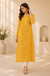 3D Viscose Georgette Mukaish Chikankari Kurta- Yellow