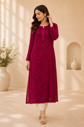 3D Viscose Georgette Mukaish Chikankari Kurta- Wine