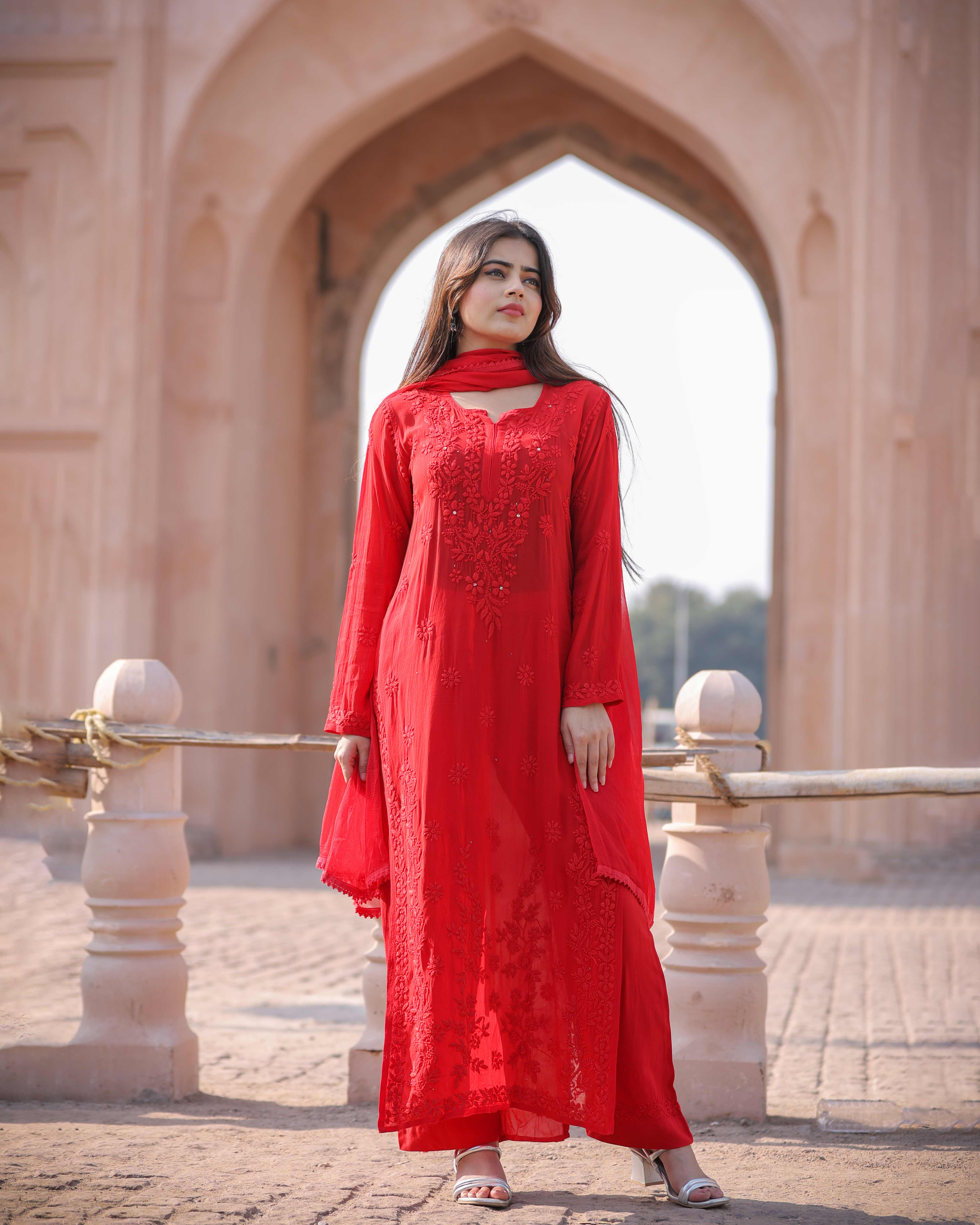RAWAYAT CRIMSON RED Chikankari suit set – Miral Chikankari