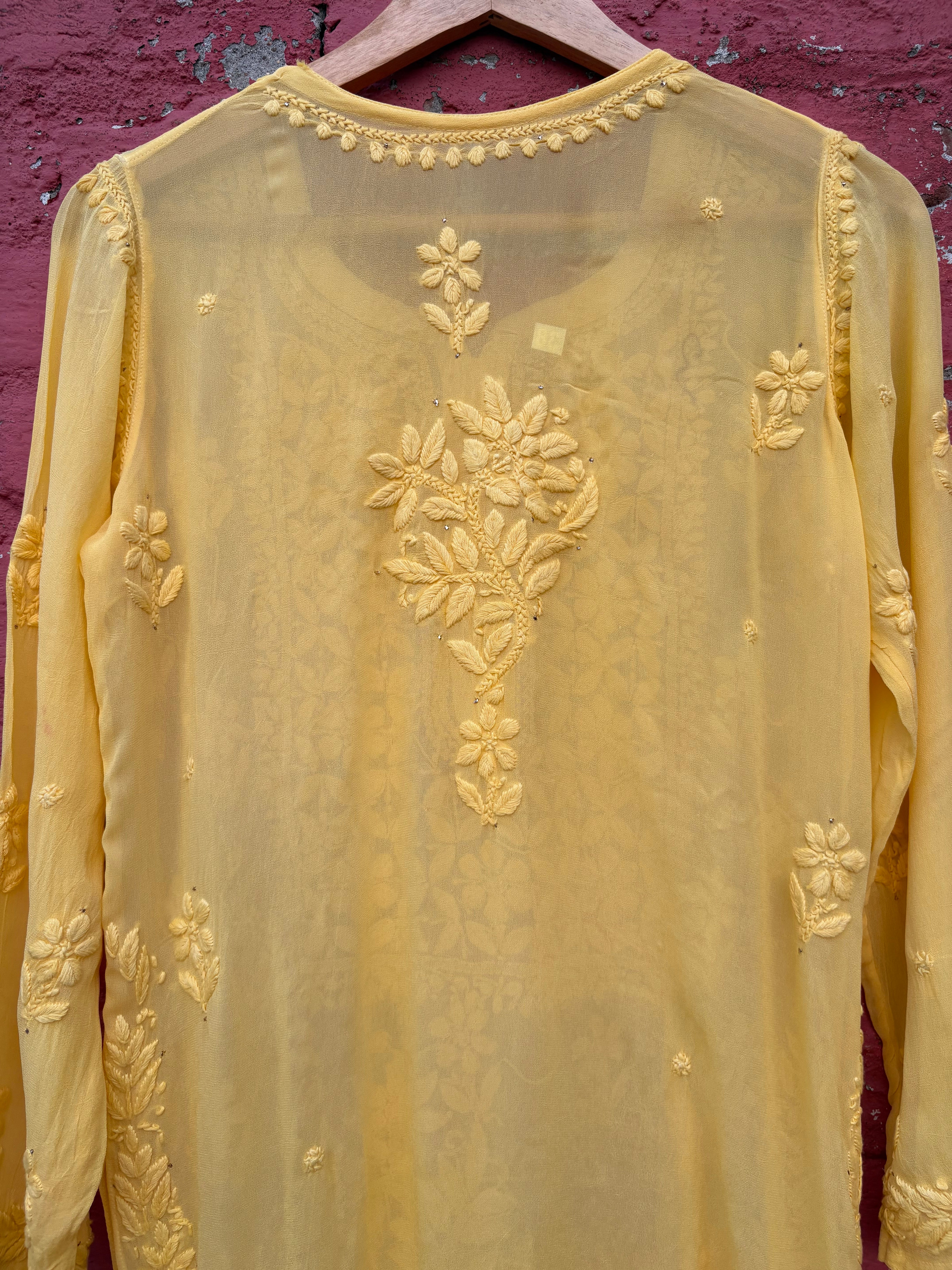 3D Viscose Georgette Mukaish Chikankari Kurta- Yellow