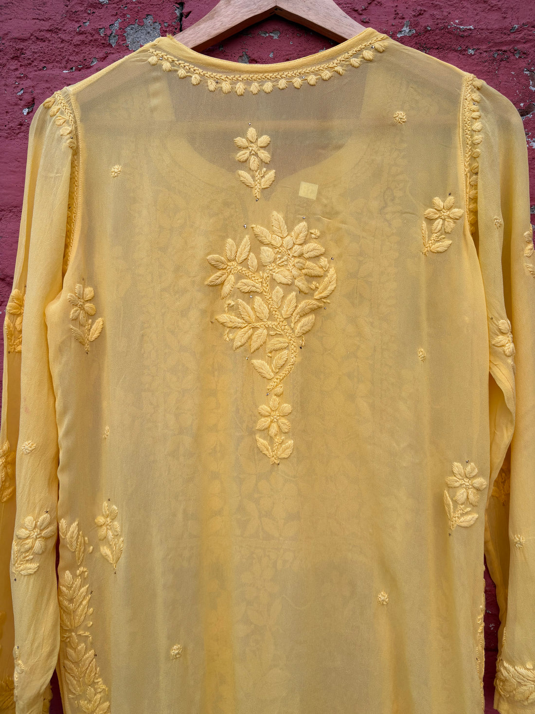3D Viscose Georgette Mukaish Chikankari Kurta- Yellow