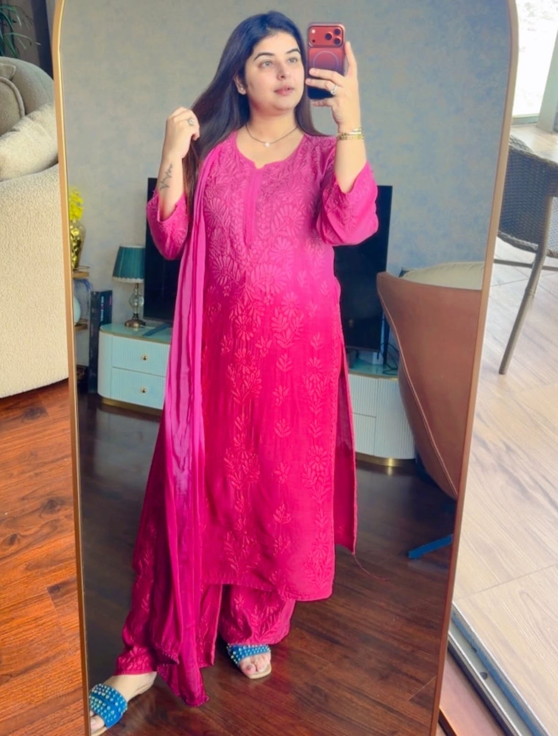Rangreza Chikankari Suit Set- Rose Pink Ombre