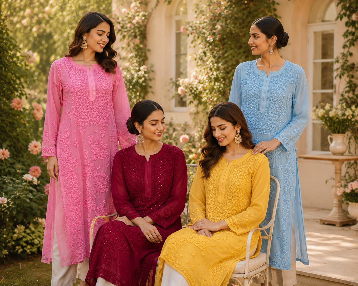 3D Viscose Georgette Mukaish Chikankari Kurta- Yellow