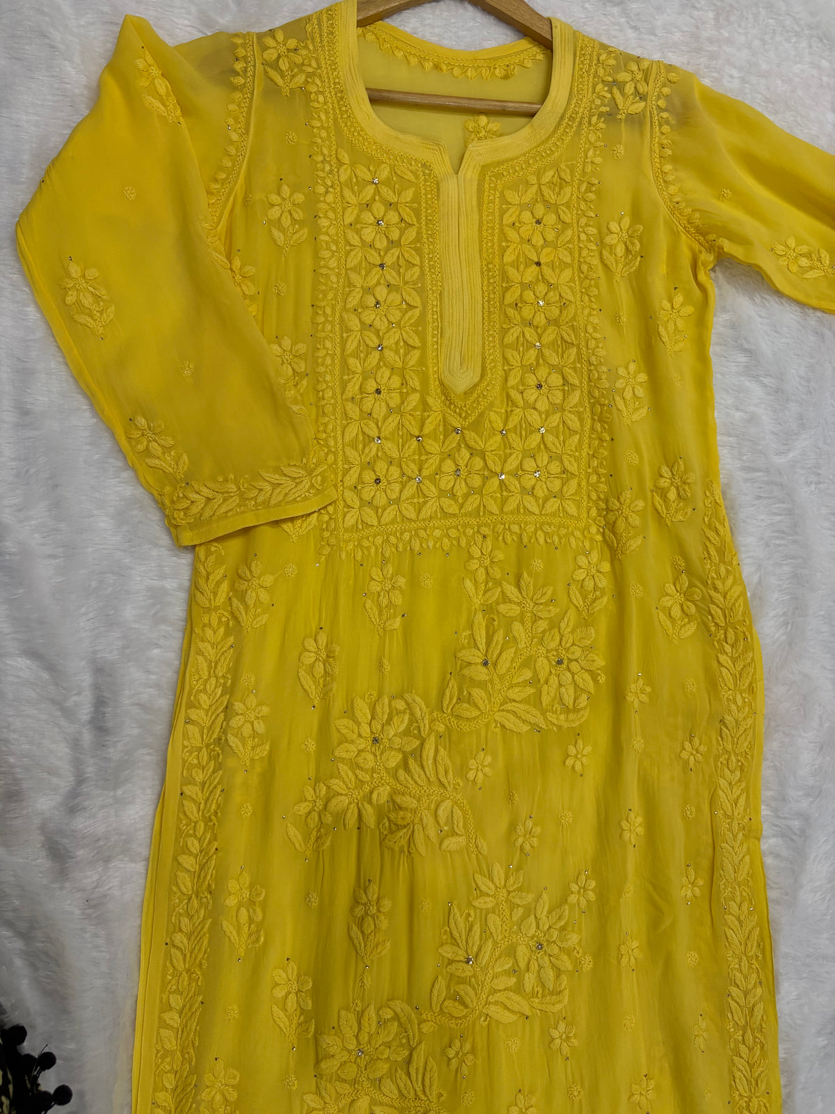3D Viscose Georgette Mukaish Chikankari Kurta- Yellow