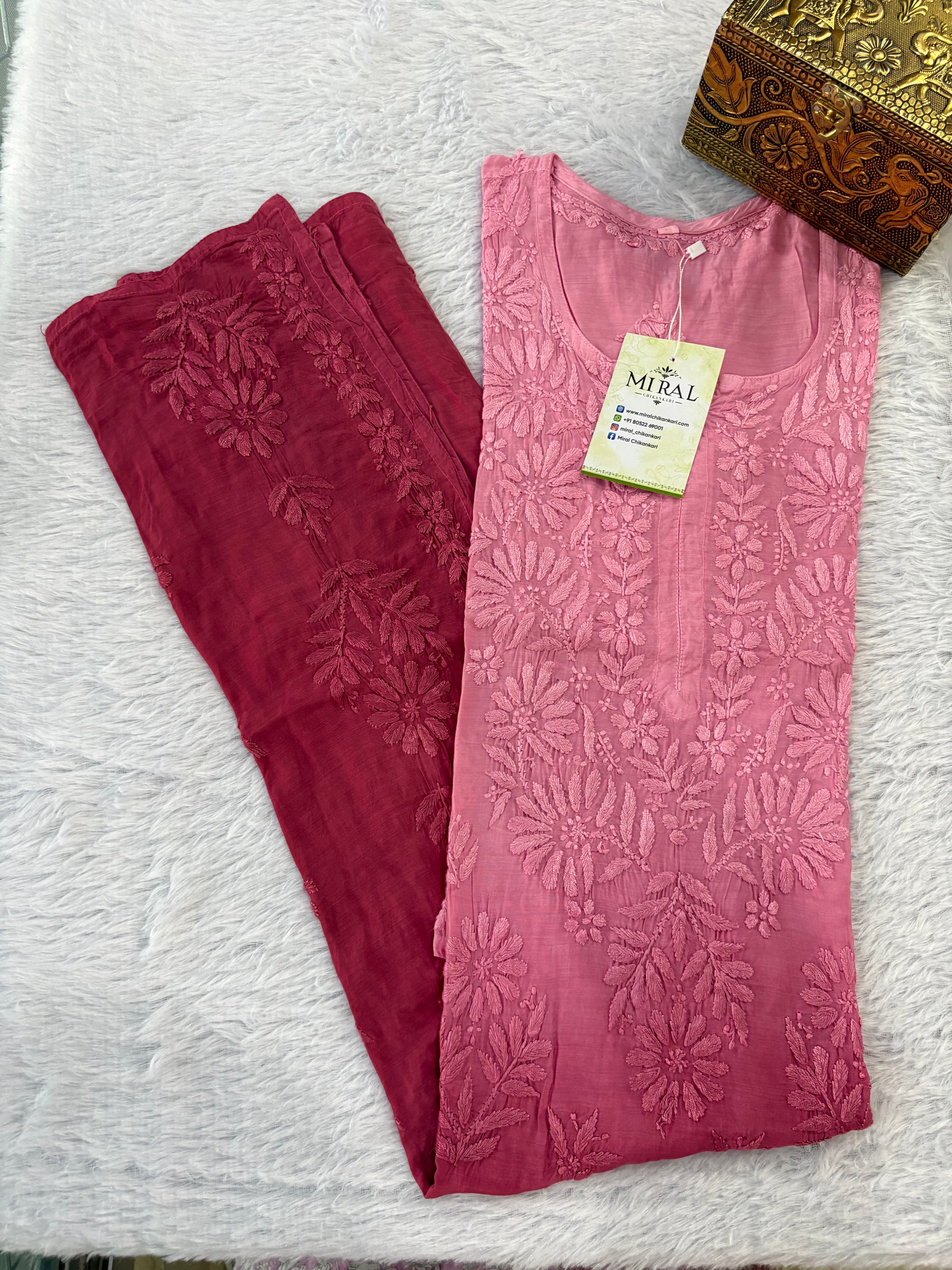 Rangreza Chikankari Suit Set- Rose Pink Ombre