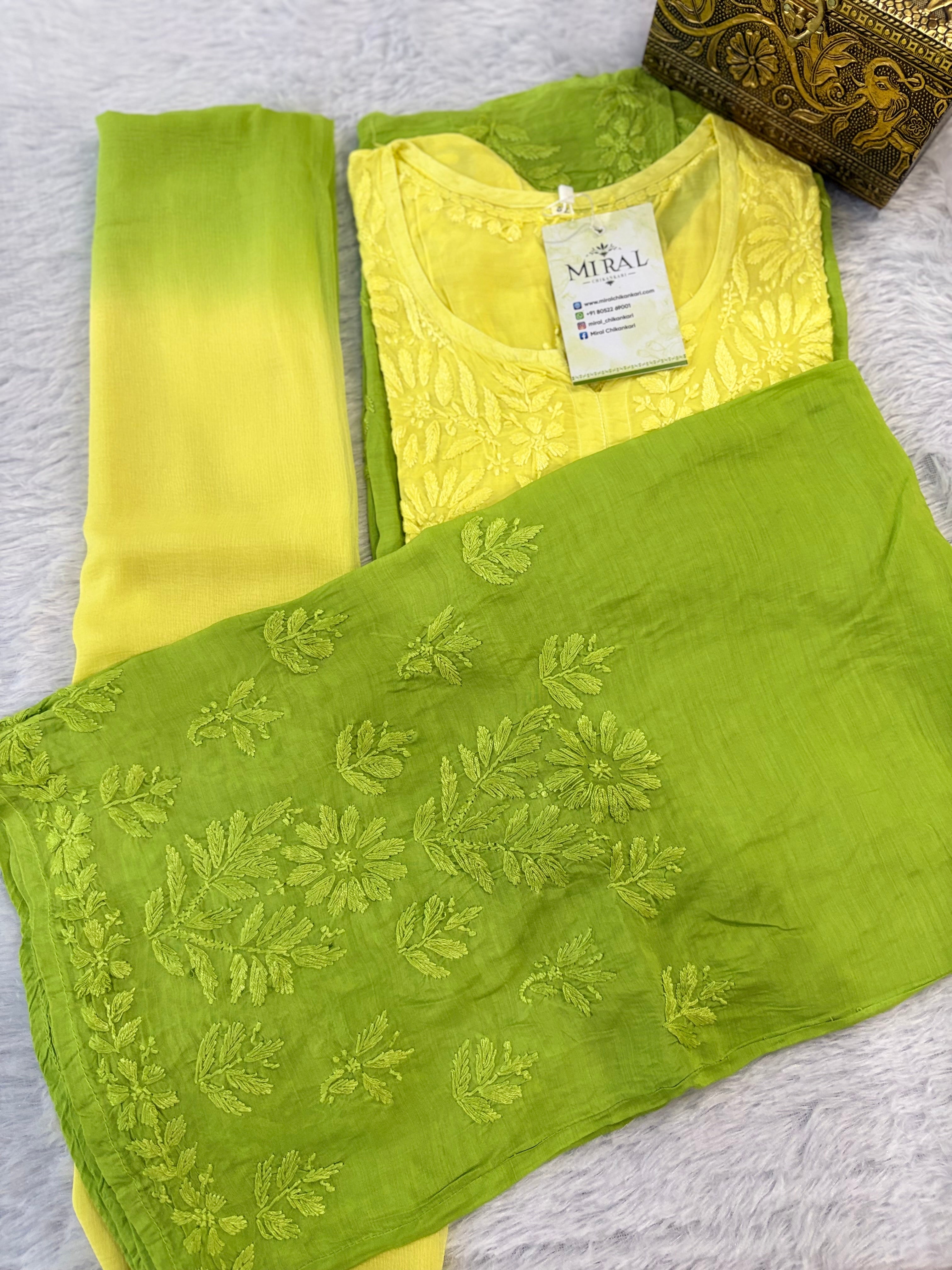 Rangreza Chikankari Suit Set- Yellow Green Ombre