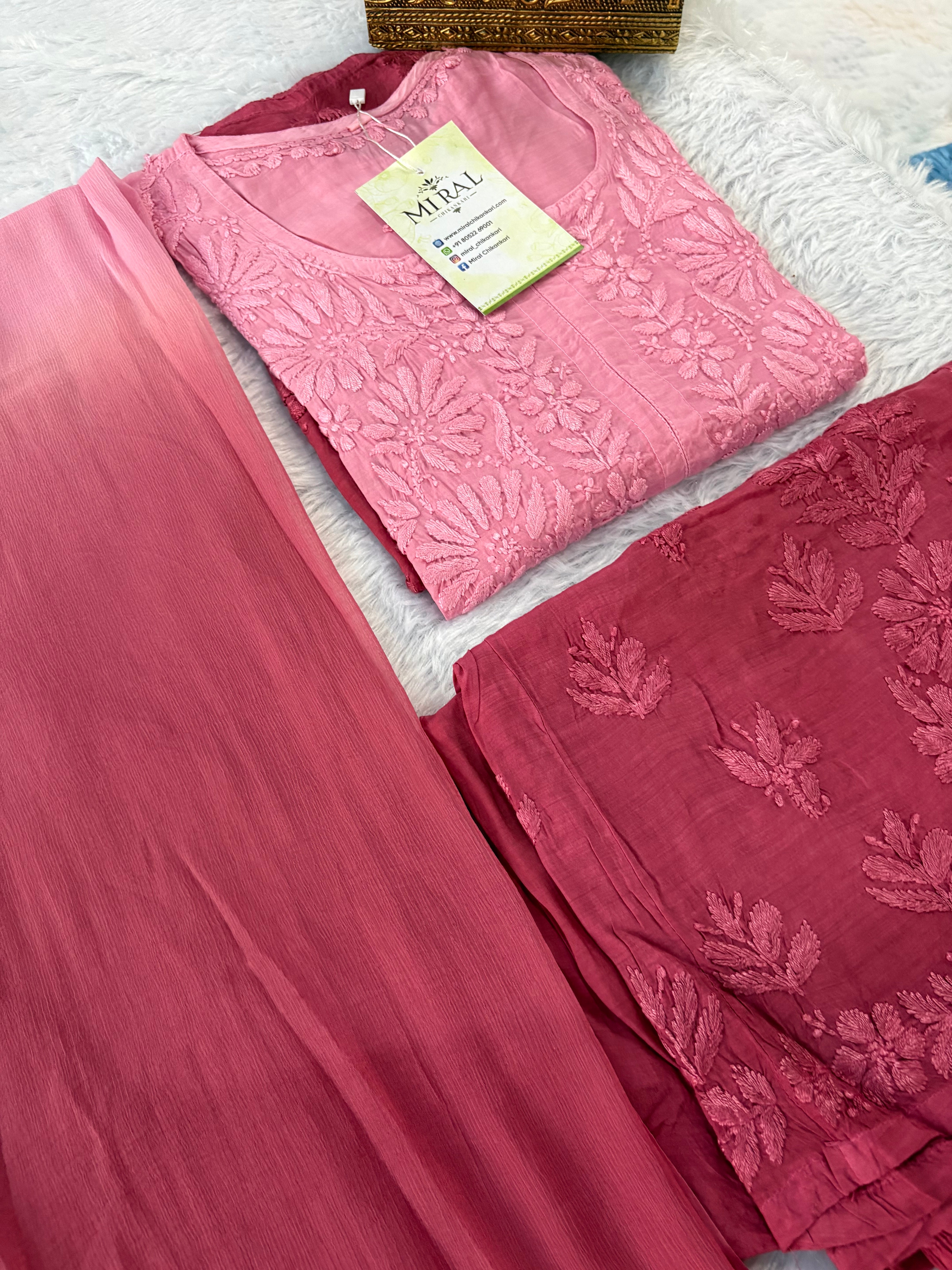 Rangreza Chikankari Suit Set- Rose Pink Ombre