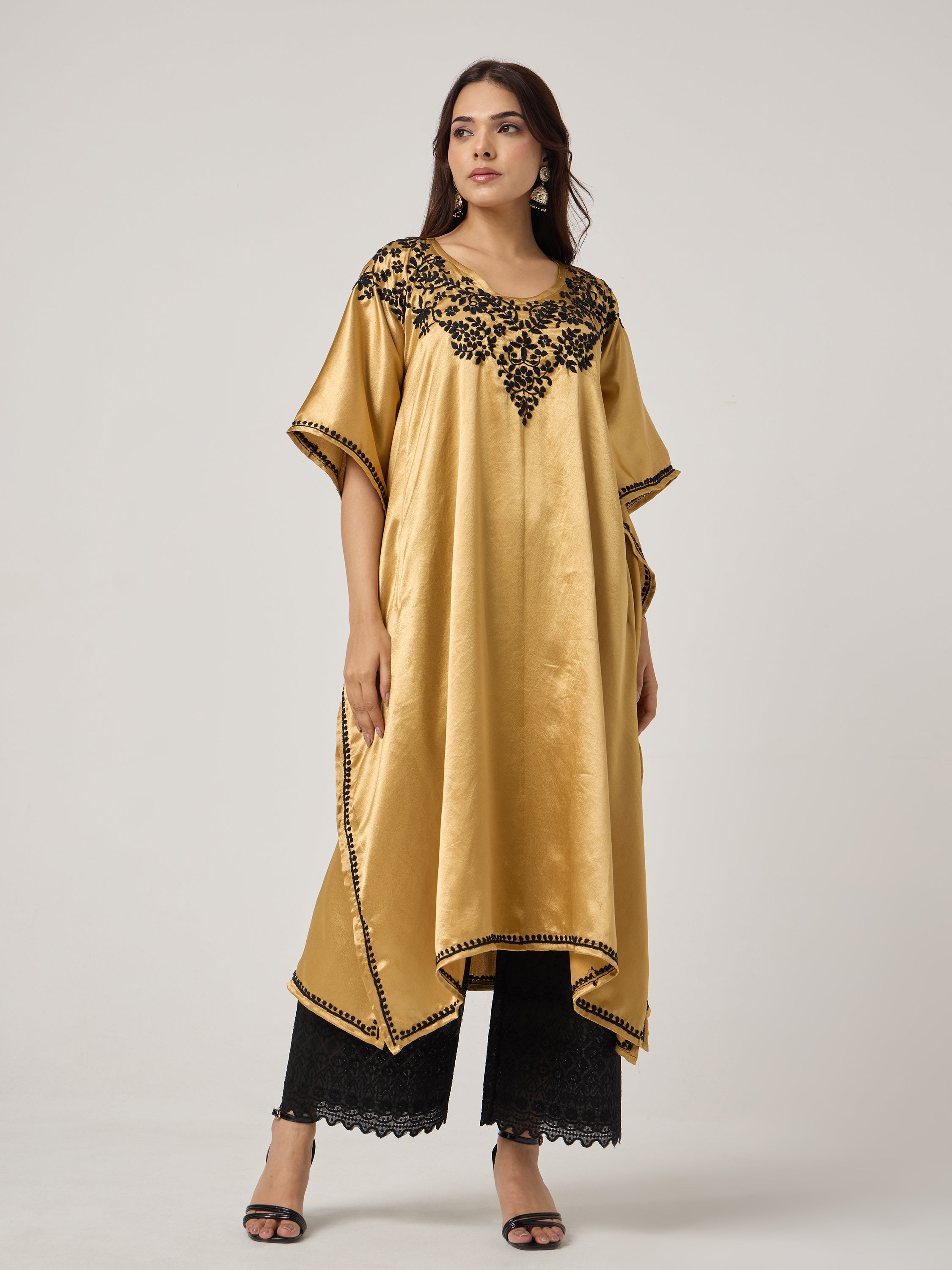 Chikankari Kaaftan- GOLD-BLACK