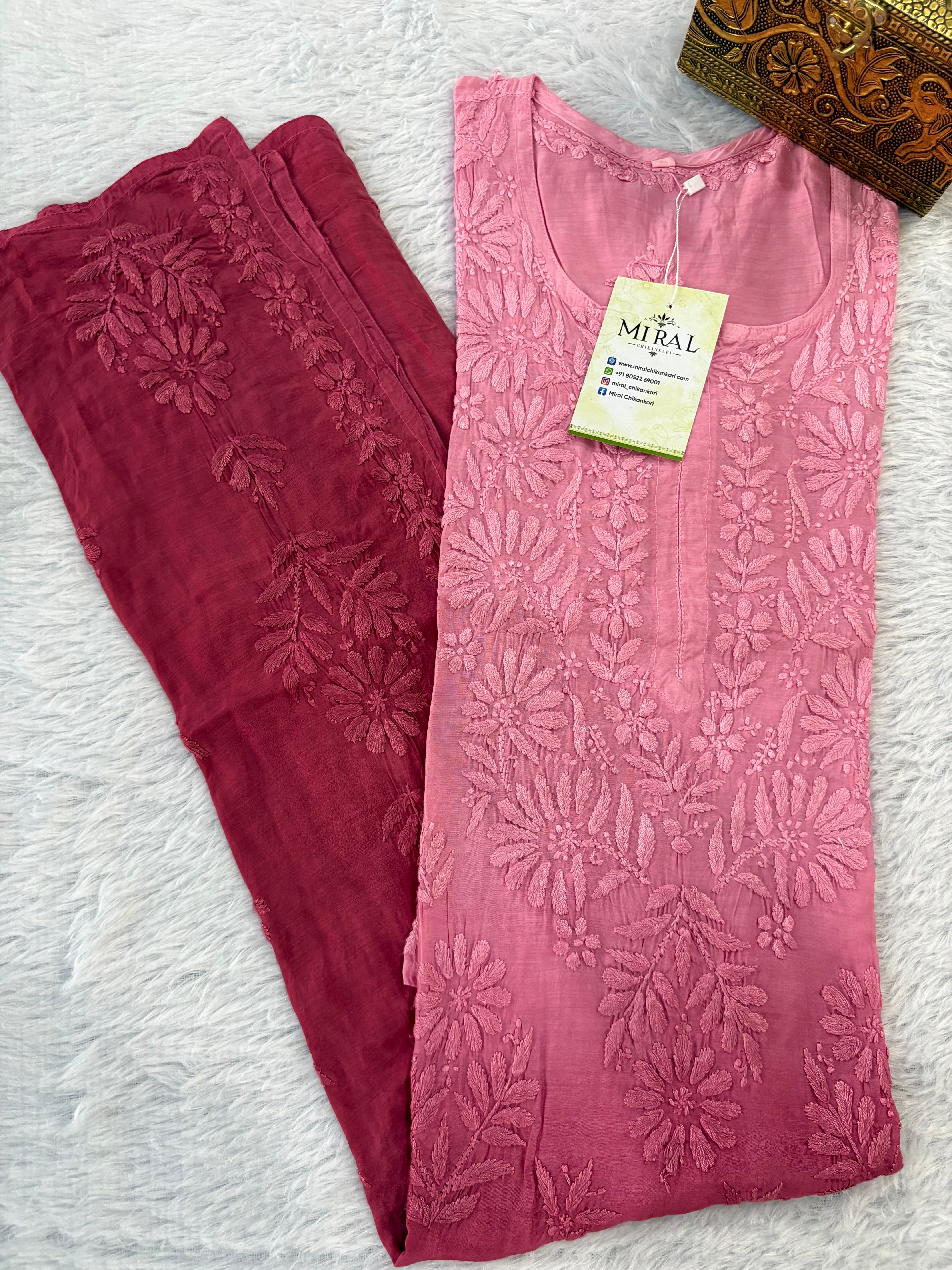 Rangreza Chikankari Suit Set- Rose Pink Ombre