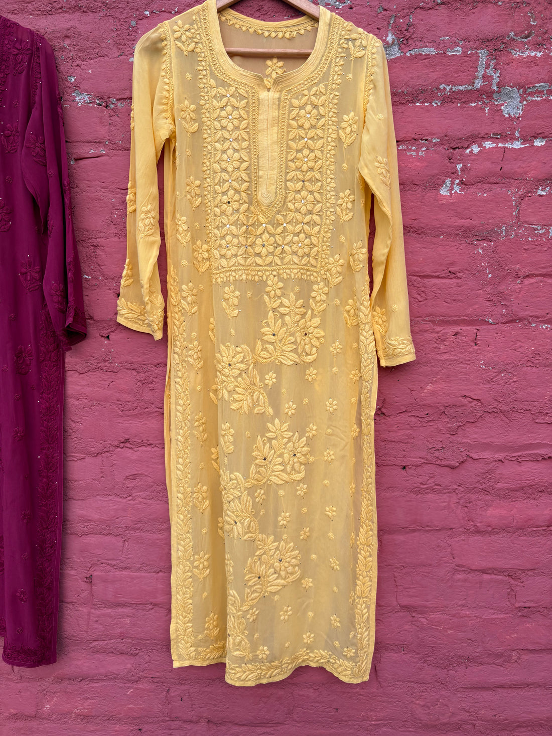 3D Viscose Georgette Mukaish Chikankari Kurta- Yellow