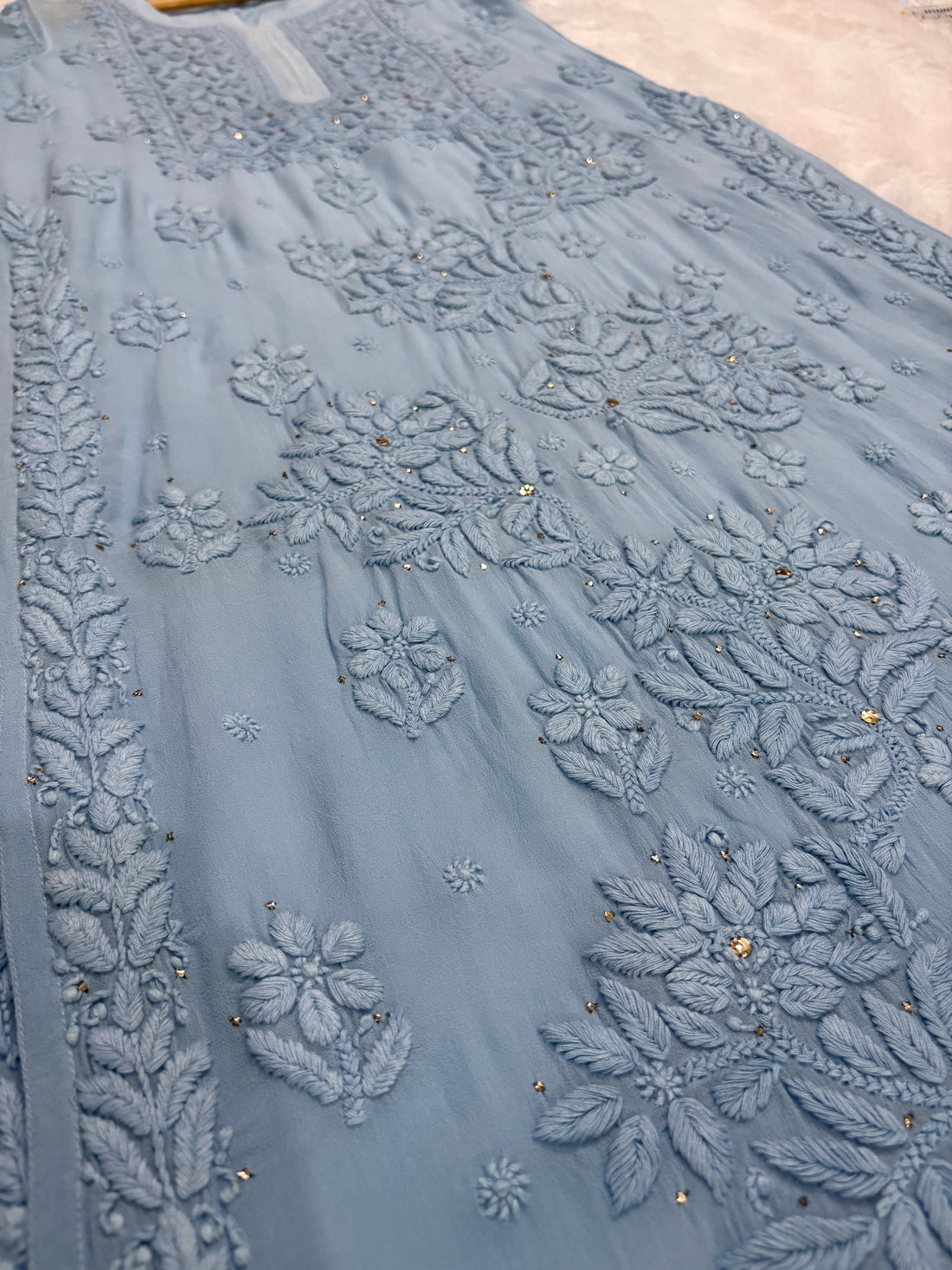 3D Viscose Georgette Mukaish Chikankari Kurta- Sky Blue