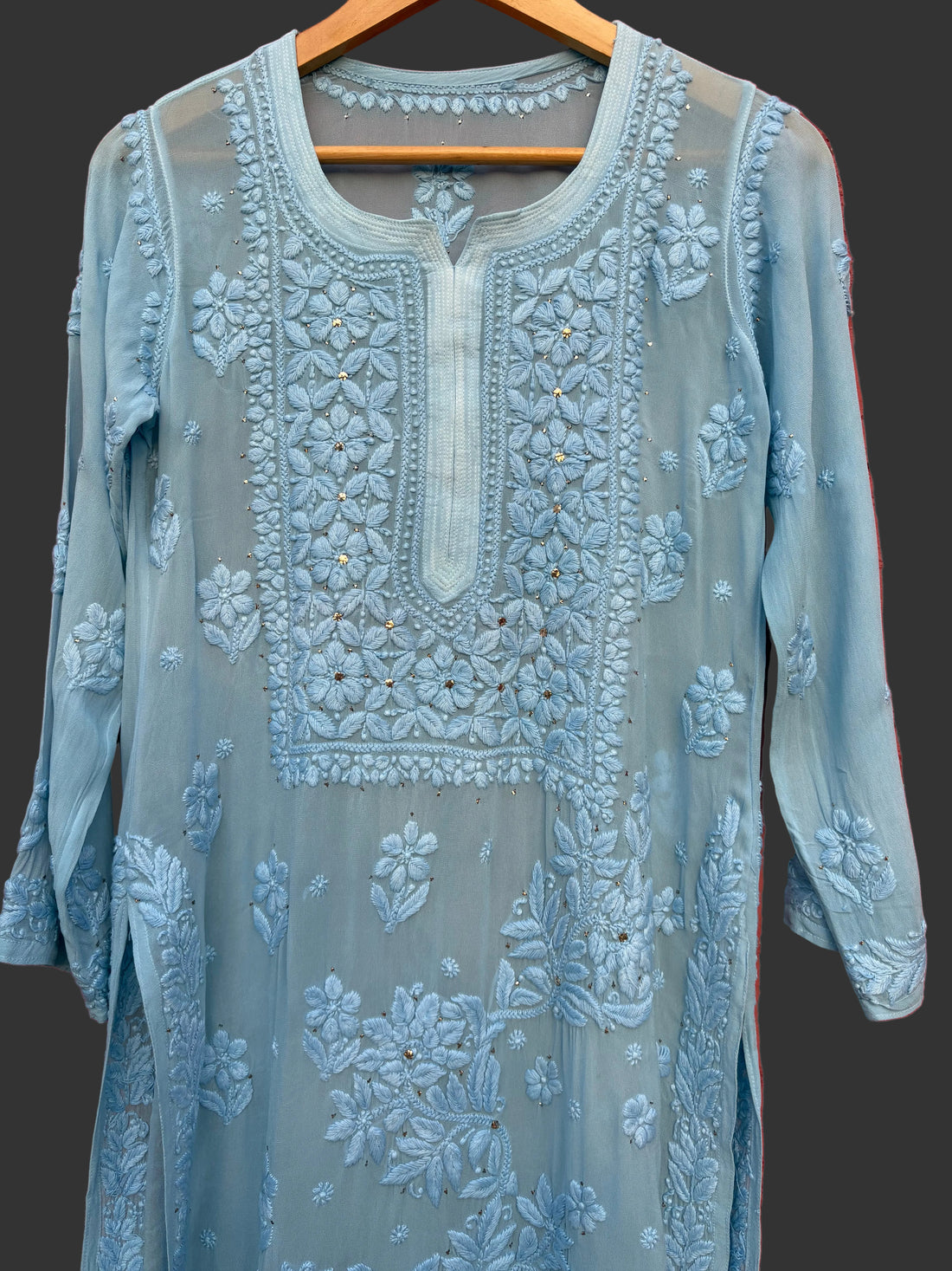3D Viscose Georgette Mukaish Chikankari Kurta- Sky Blue