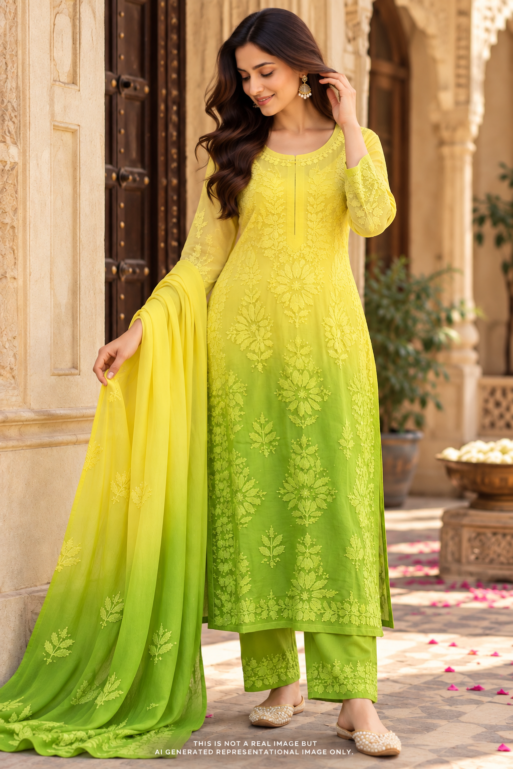 Rangreza Chikankari Suit Set- Yellow Green Ombre