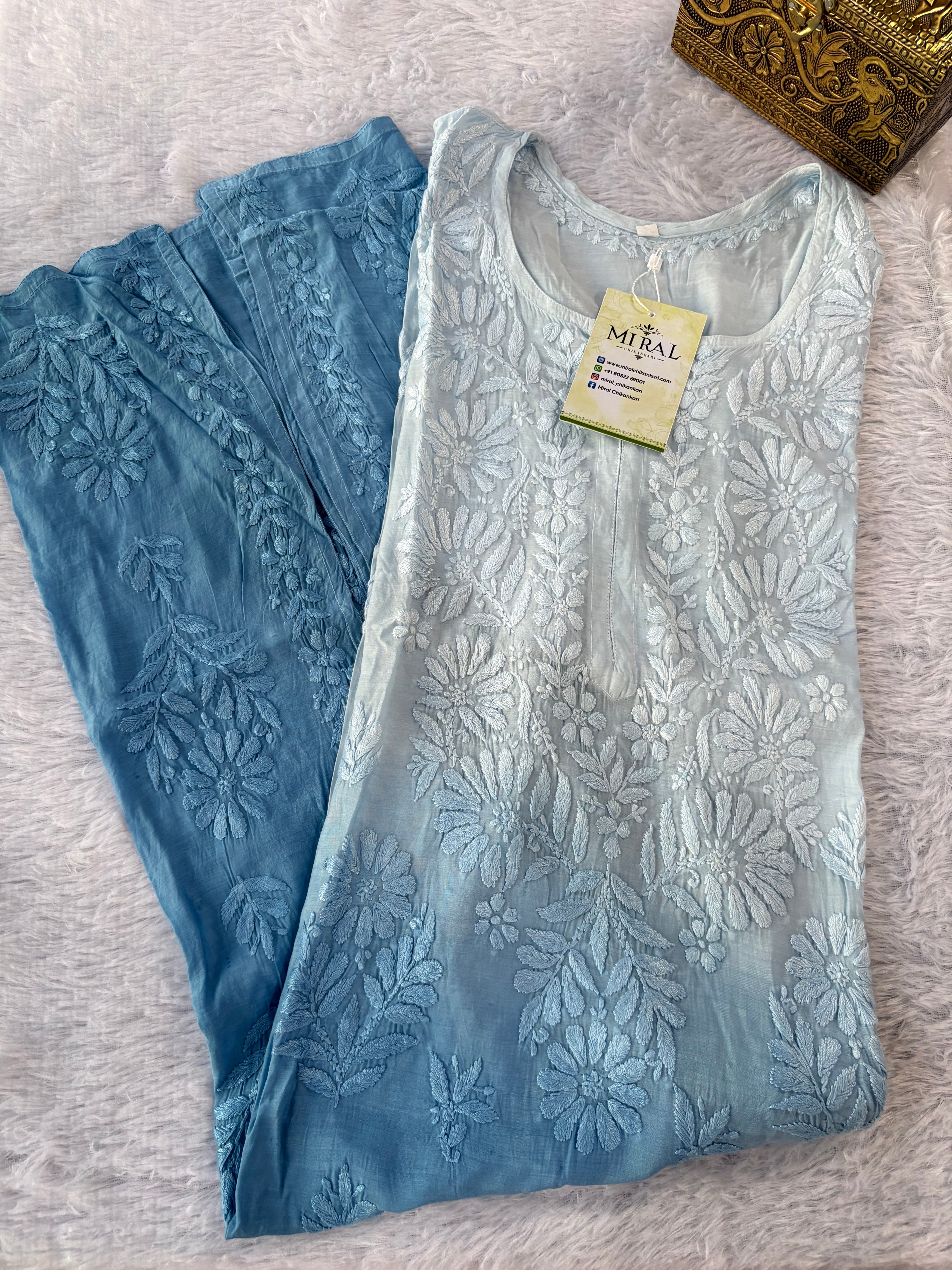 Rangreza Chikankari Suit Set- Powder Blue Ombre