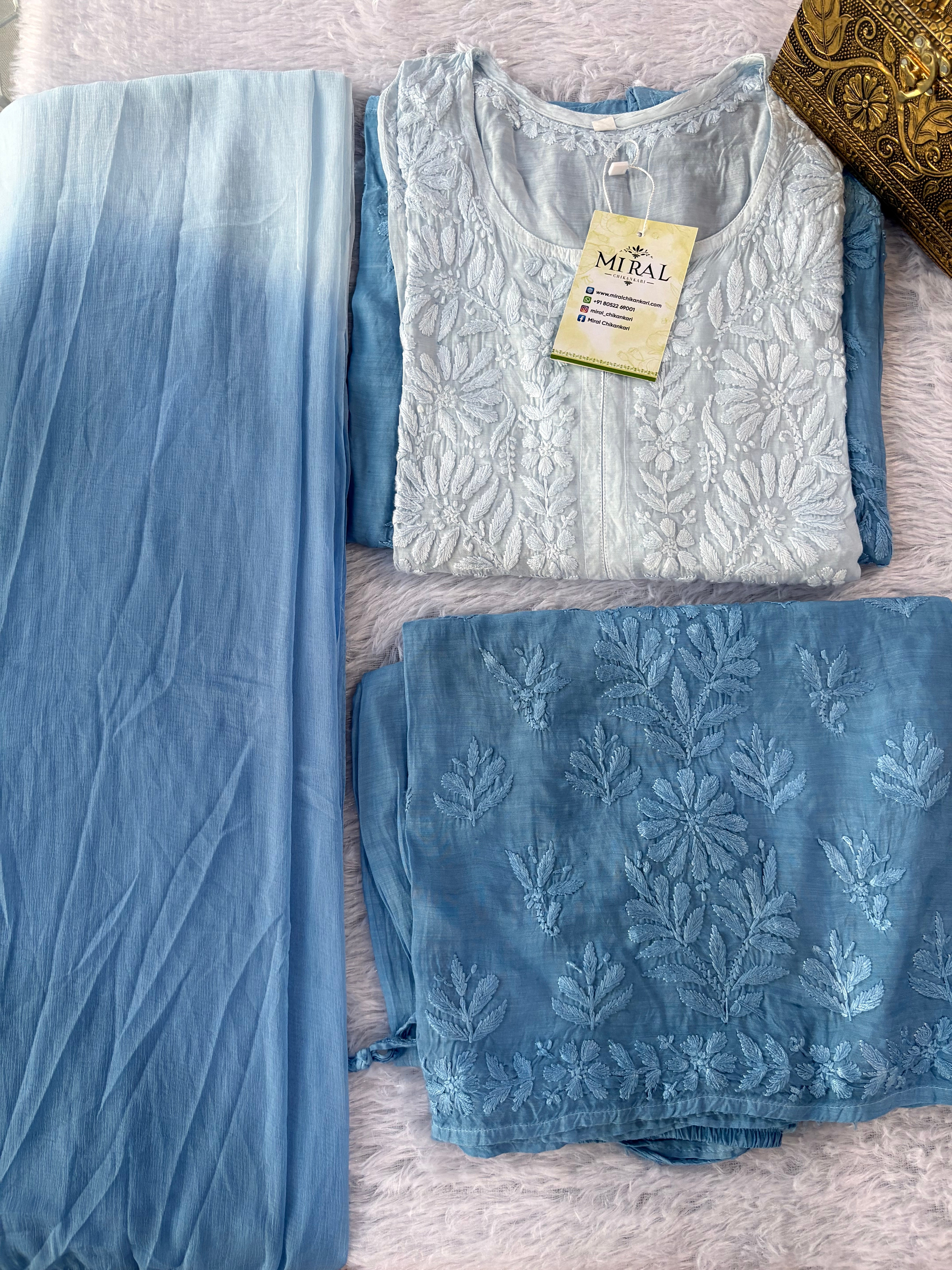 Rangreza Chikankari Suit Set- Powder Blue Ombre