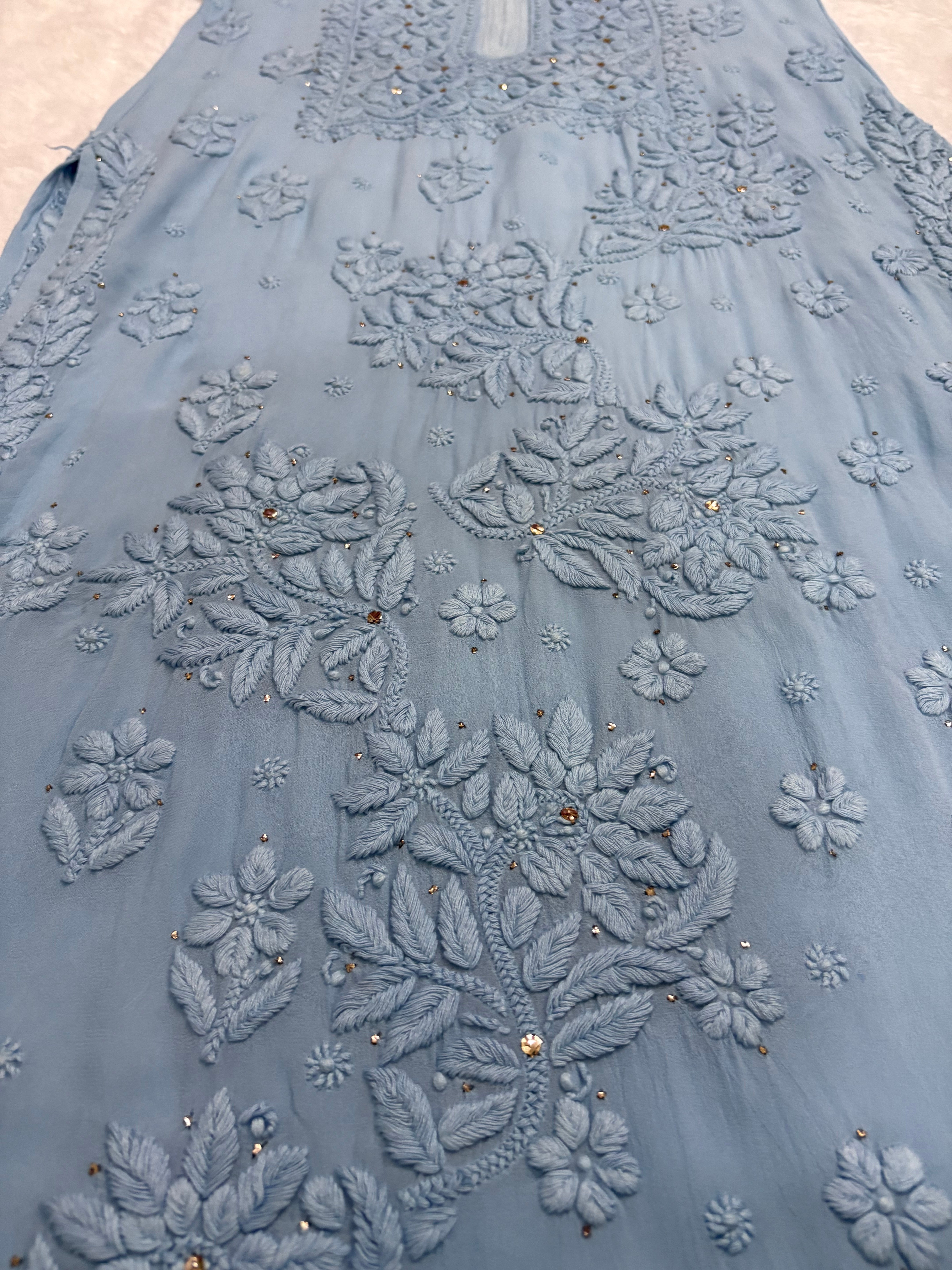 3D Viscose Georgette Mukaish Chikankari Kurta- Sky Blue