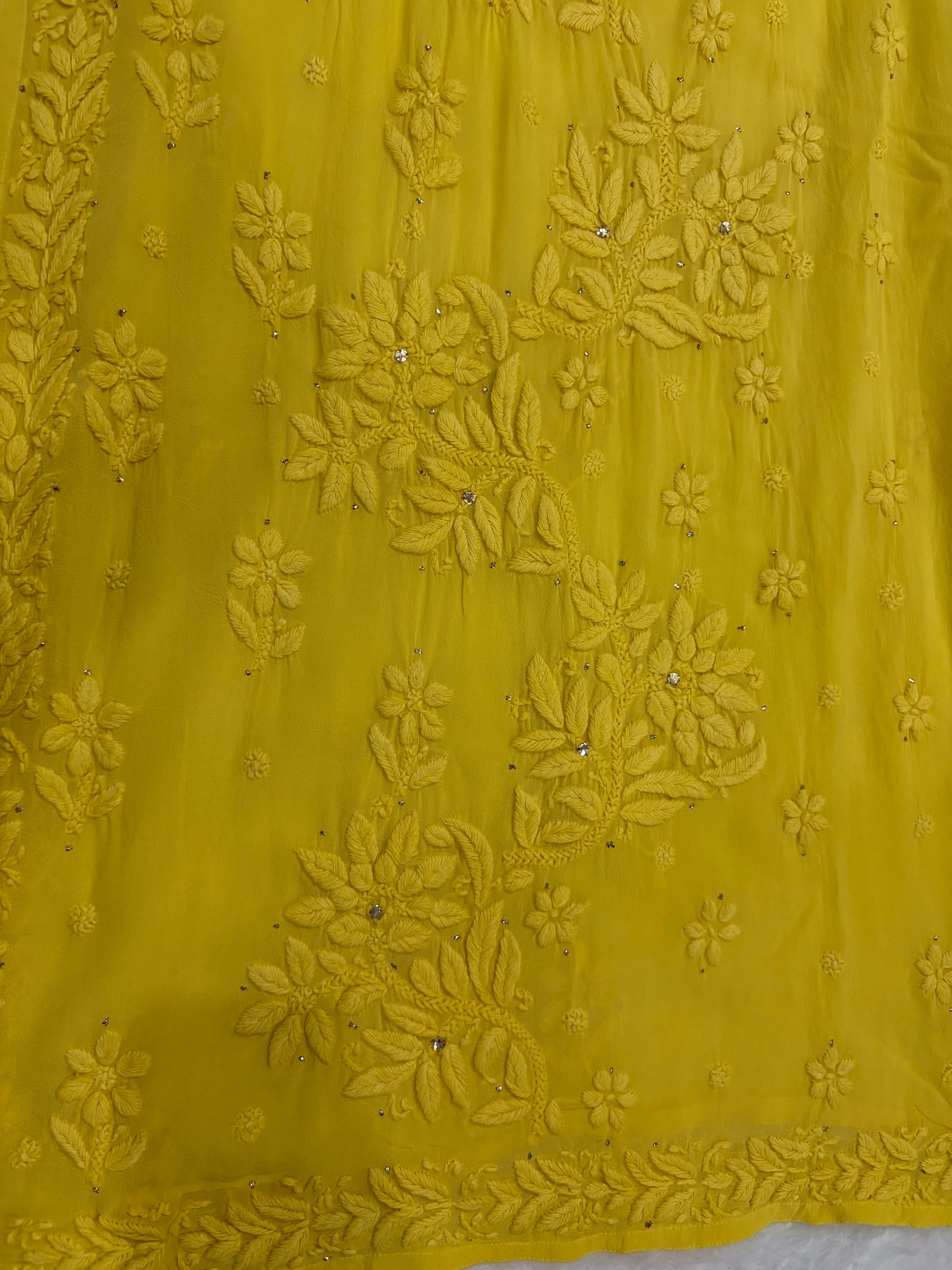 3D Viscose Georgette Mukaish Chikankari Kurta- Yellow