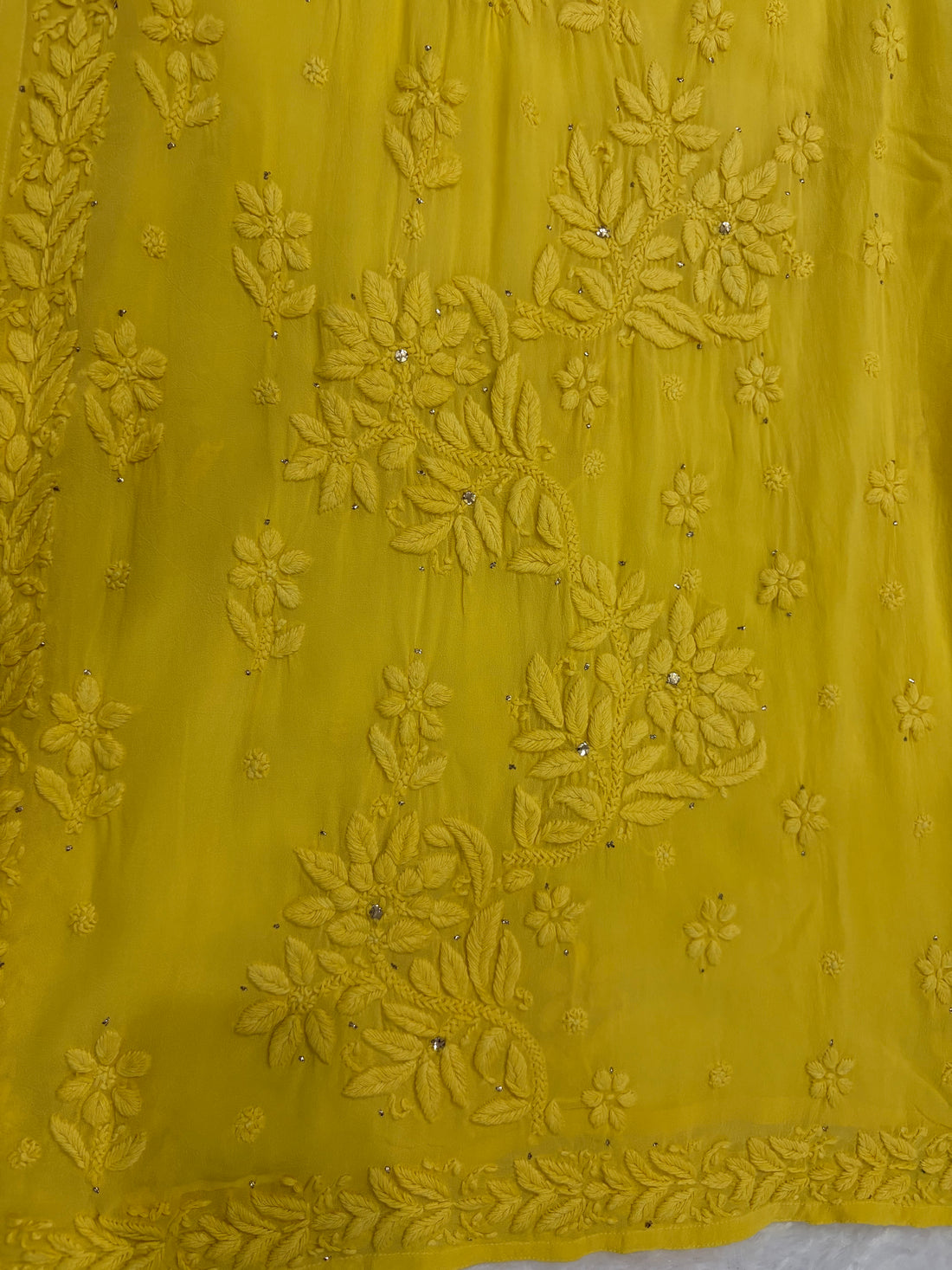 3D Viscose Georgette Mukaish Chikankari Kurta- Yellow