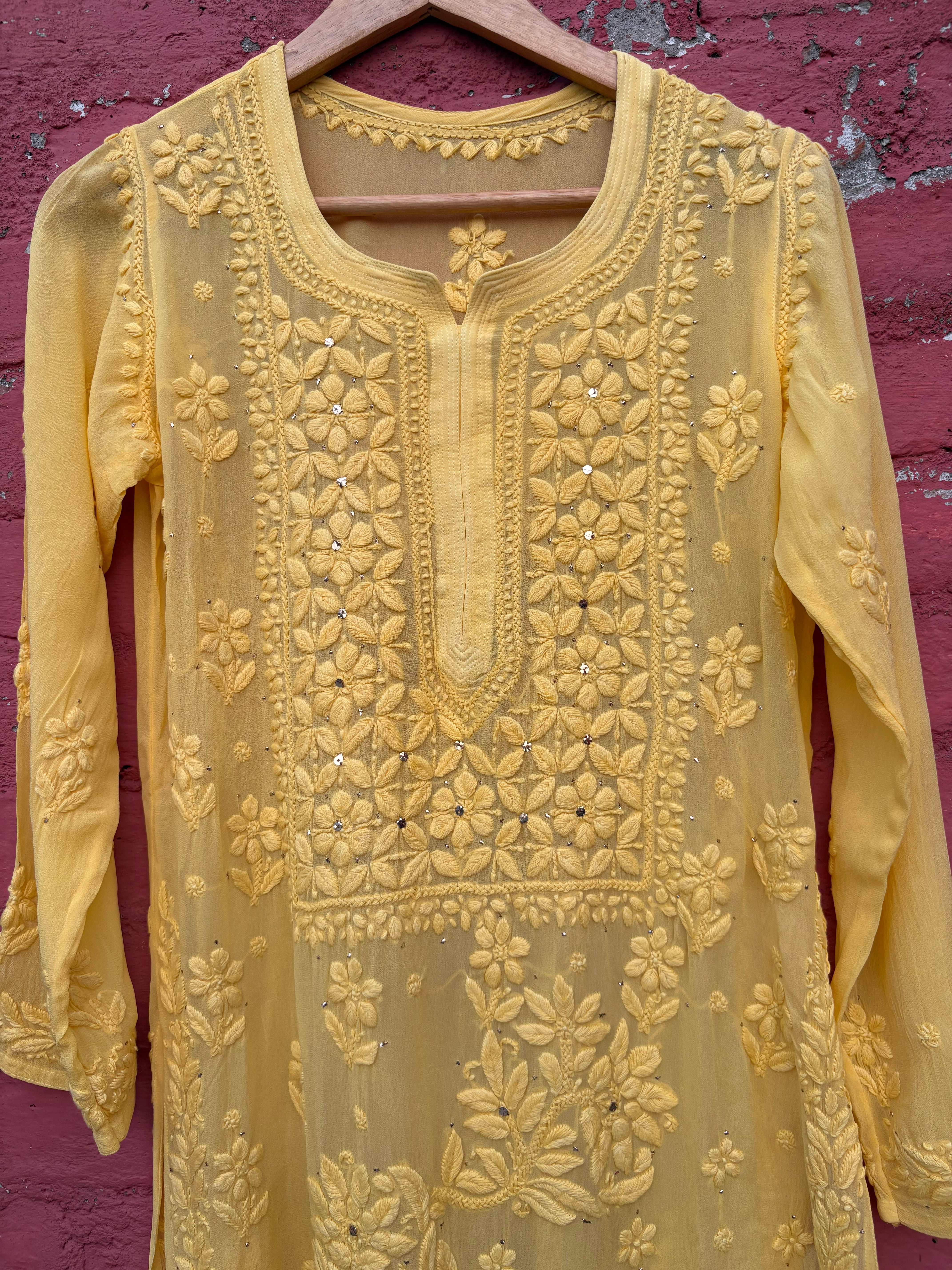 3D Viscose Georgette Mukaish Chikankari Kurta- Yellow