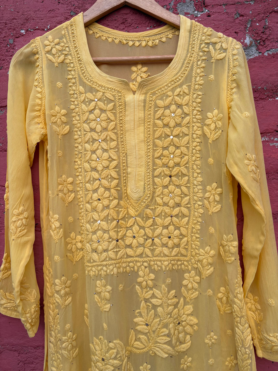 3D Viscose Georgette Mukaish Chikankari Kurta- Yellow