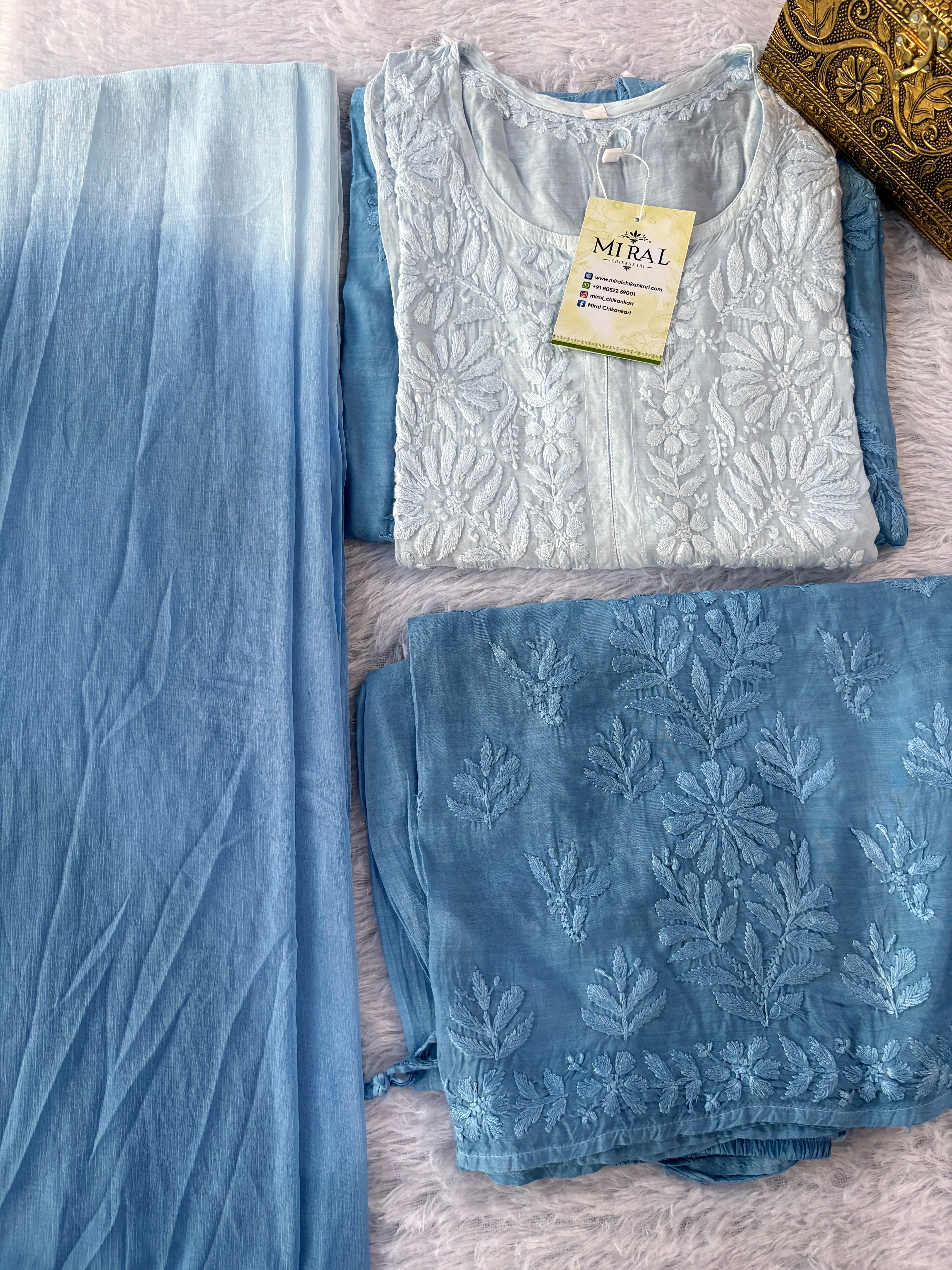 Rangreza Chikankari Suit Set- Powder Blue Ombre