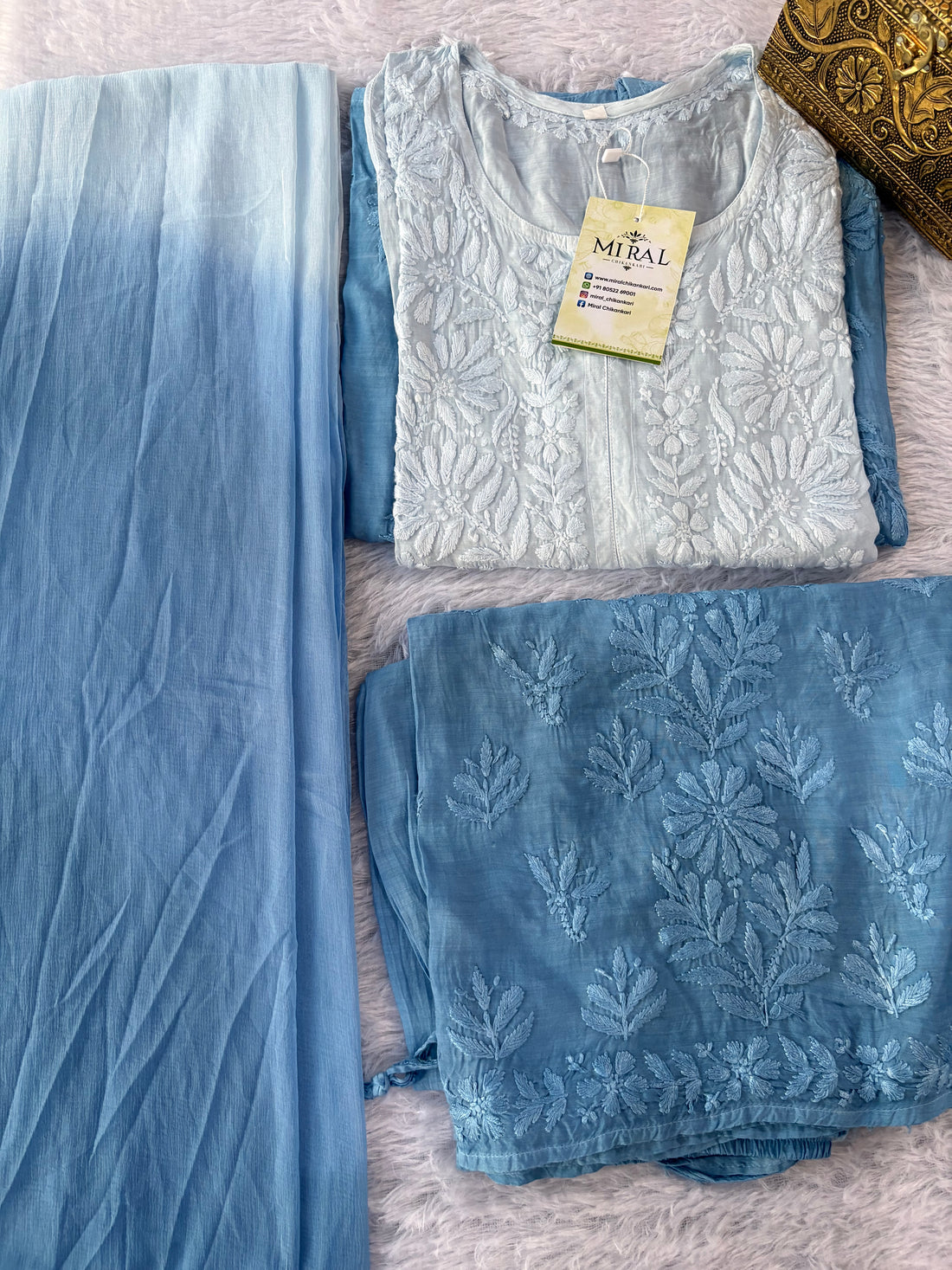 Rangreza Chikankari Suit Set- Powder Blue Ombre