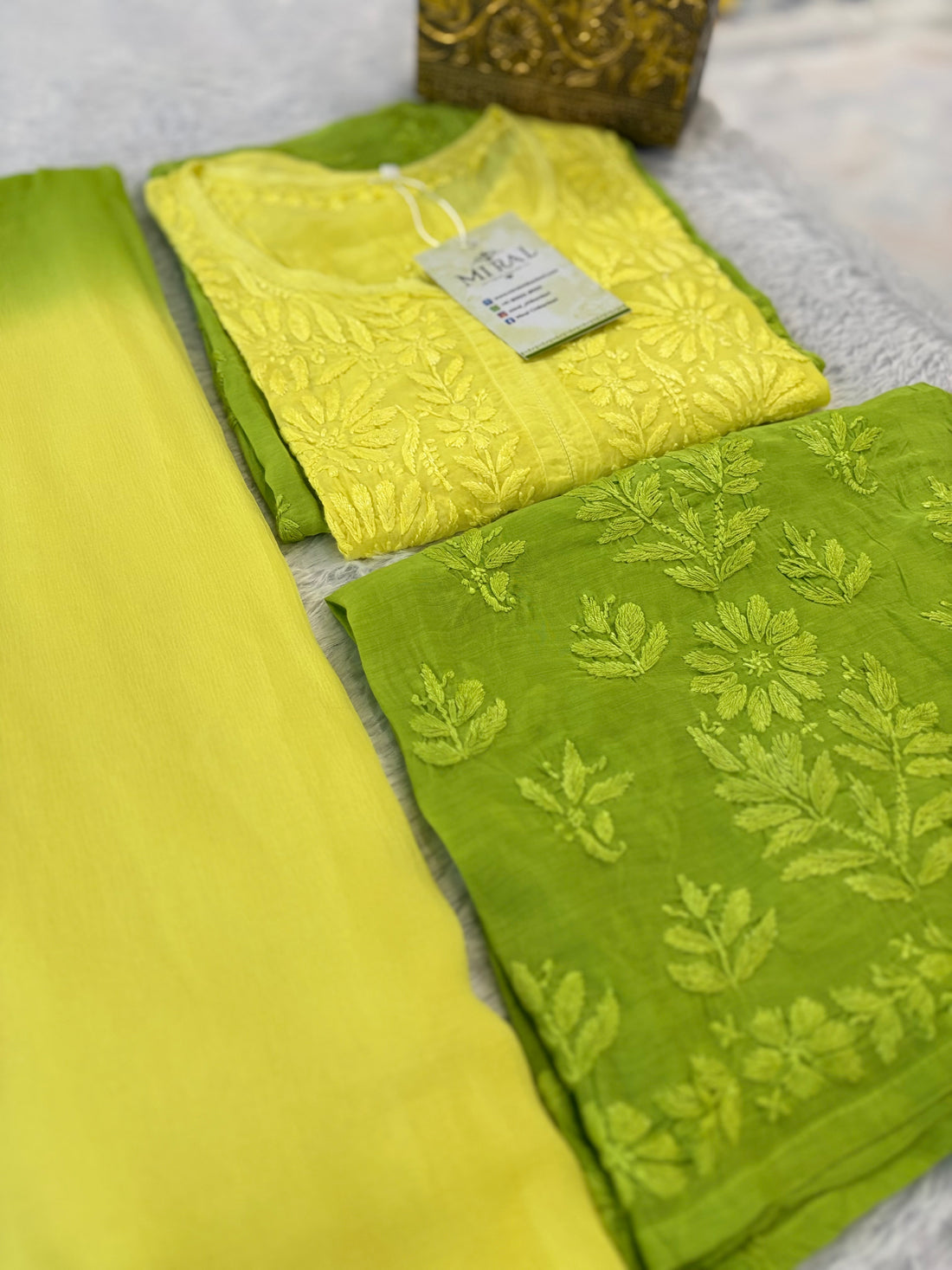 Rangreza Chikankari Suit Set- Yellow Green Ombre