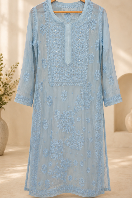 3D Viscose Georgette Mukaish Chikankari Kurta- Sky Blue