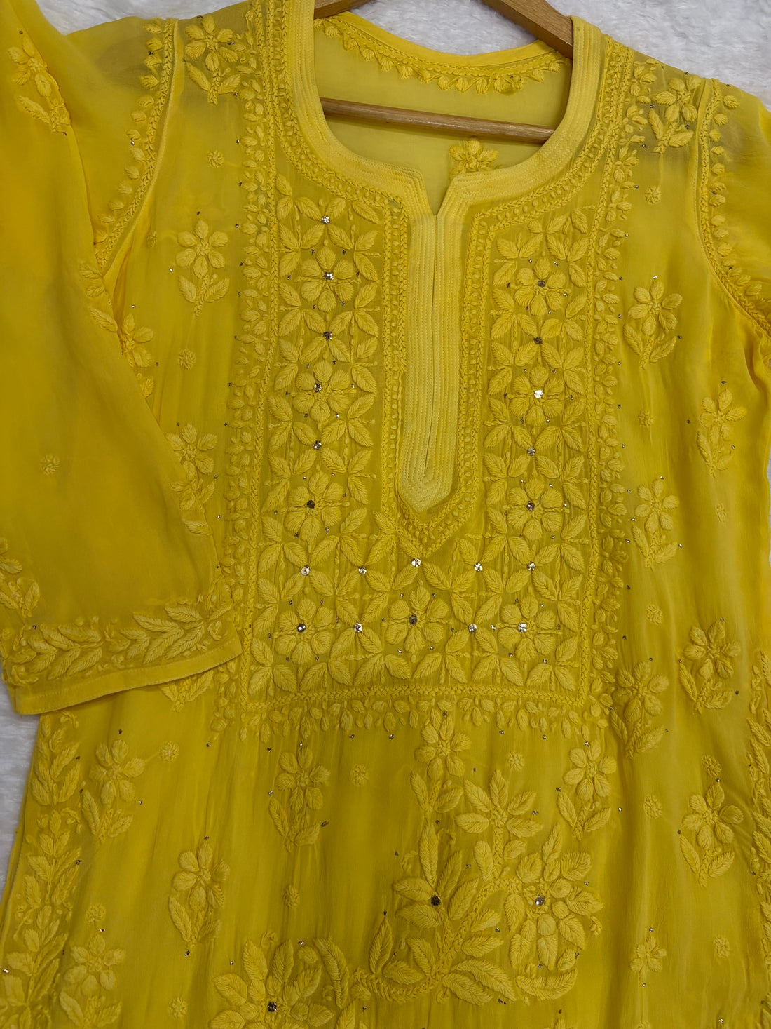 3D Viscose Georgette Mukaish Chikankari Kurta- Yellow