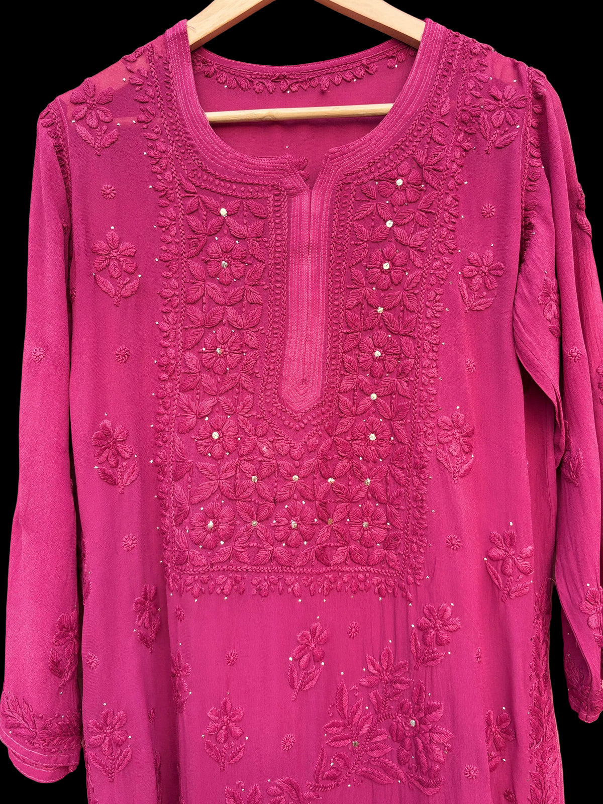 3D Viscose Georgette Mukaish Chikankari Kurta- Wine
