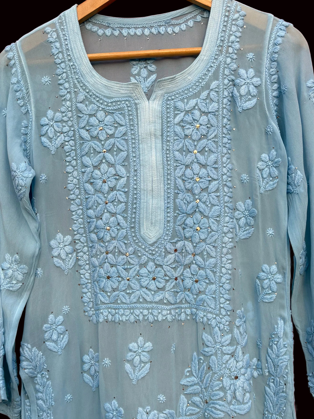 3D Viscose Georgette Mukaish Chikankari Kurta- Sky Blue