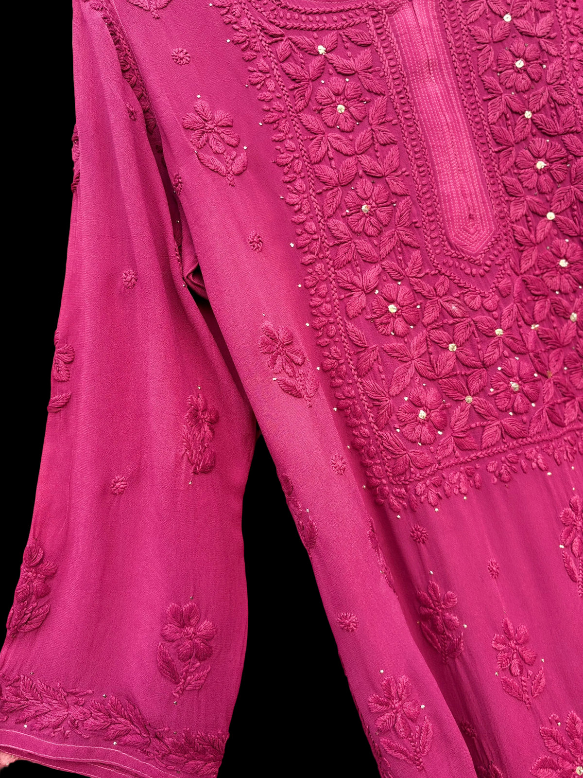 3D Viscose Georgette Mukaish Chikankari Kurta- Wine
