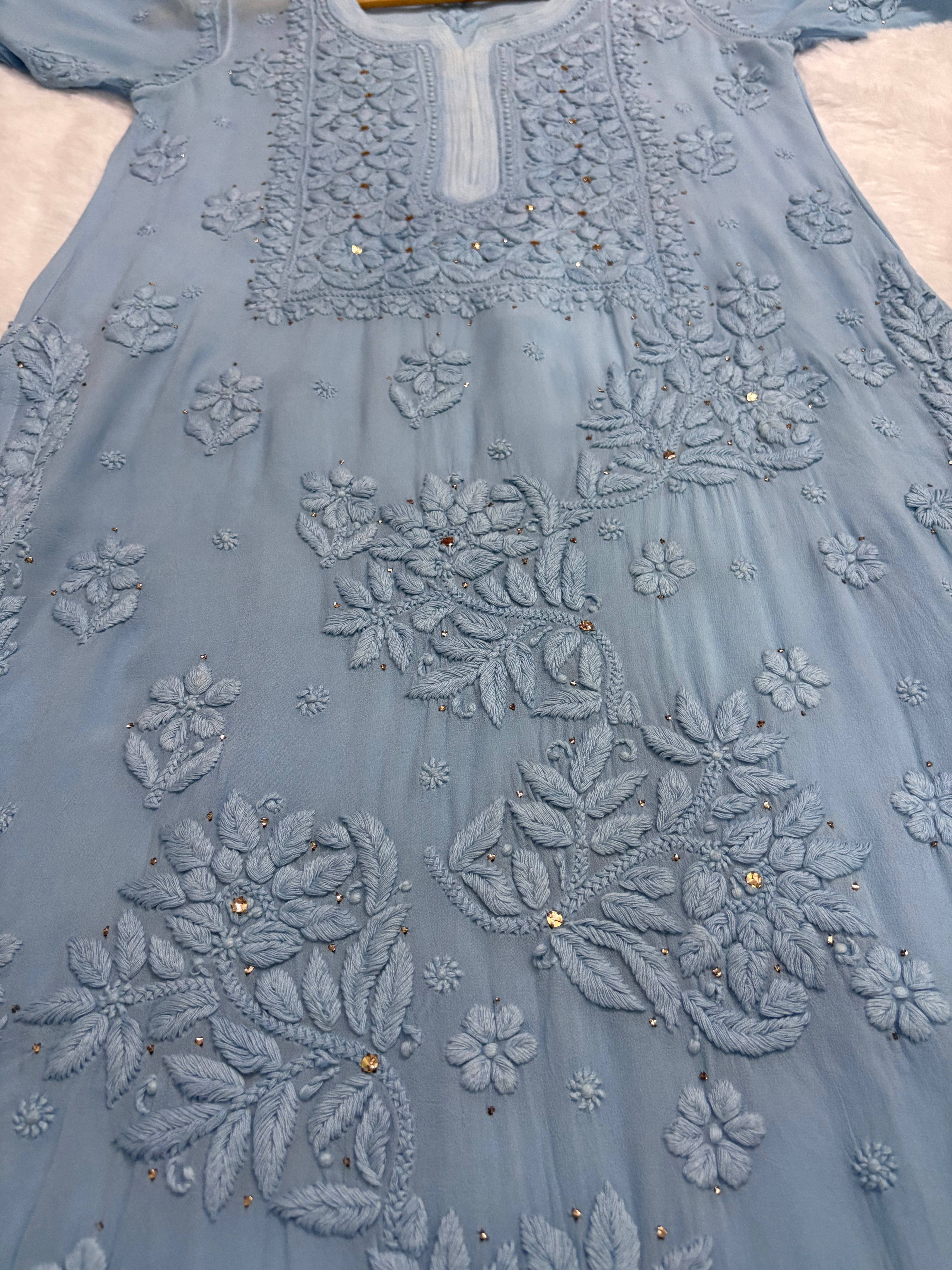 3D Viscose Georgette Mukaish Chikankari Kurta- Sky Blue