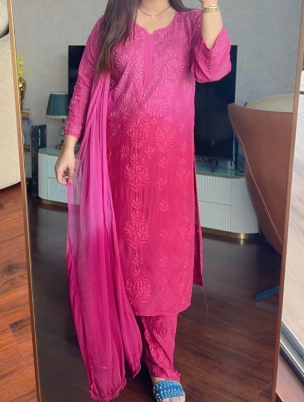 Rangreza Chikankari Suit Set- Rose Pink Ombre