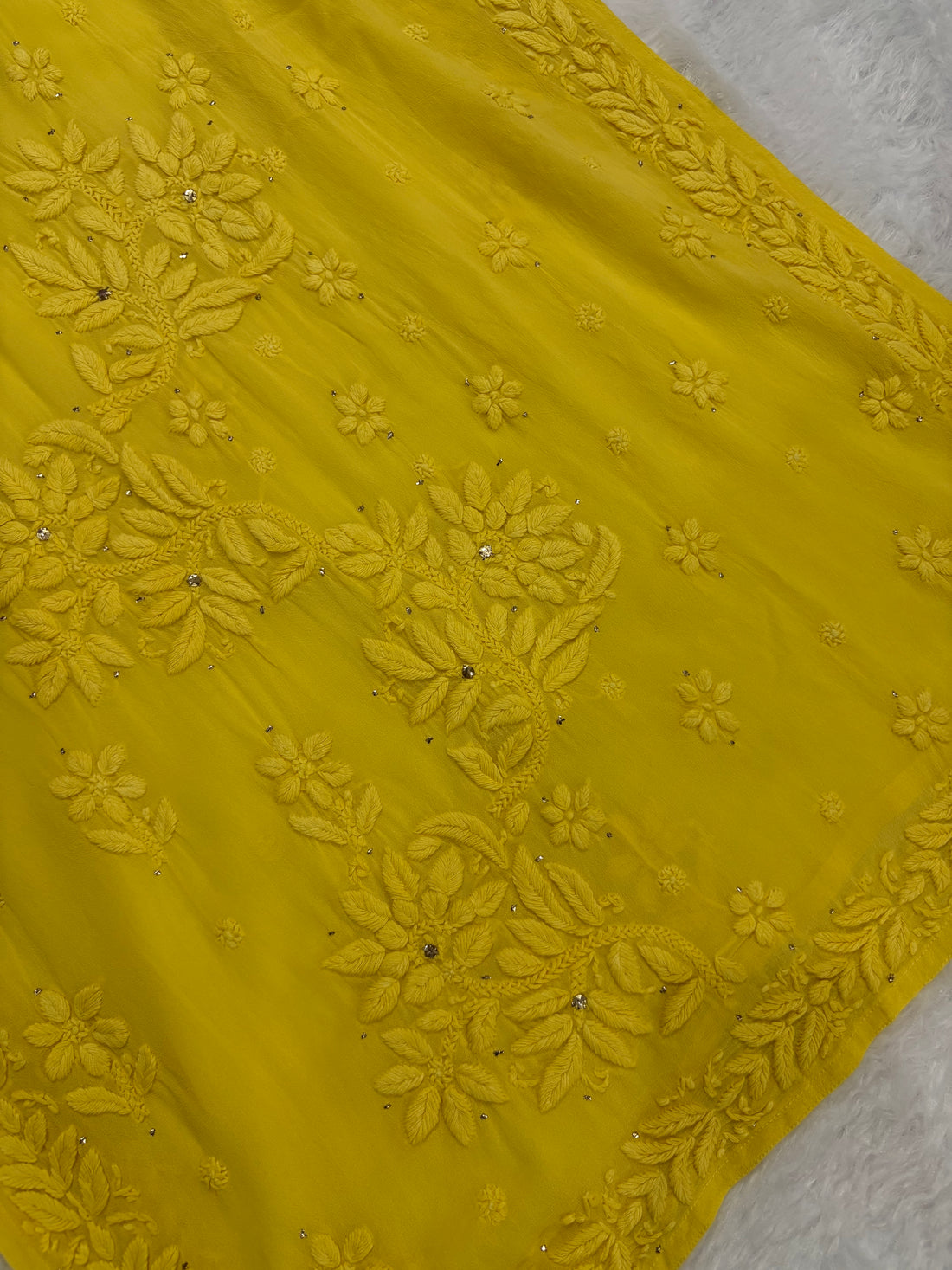 3D Viscose Georgette Mukaish Chikankari Kurta- Yellow