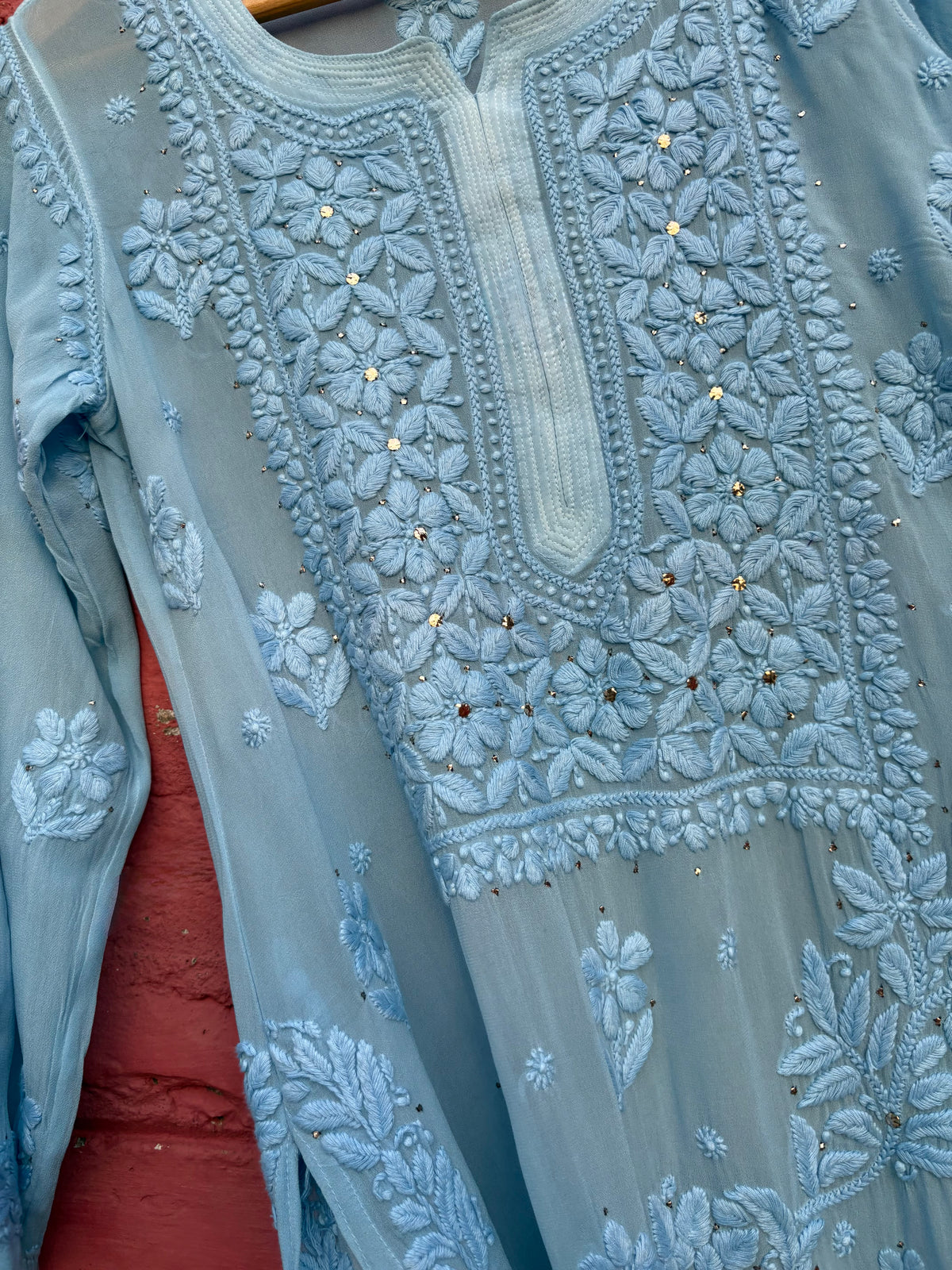 3D Viscose Georgette Mukaish Chikankari Kurta- Sky Blue