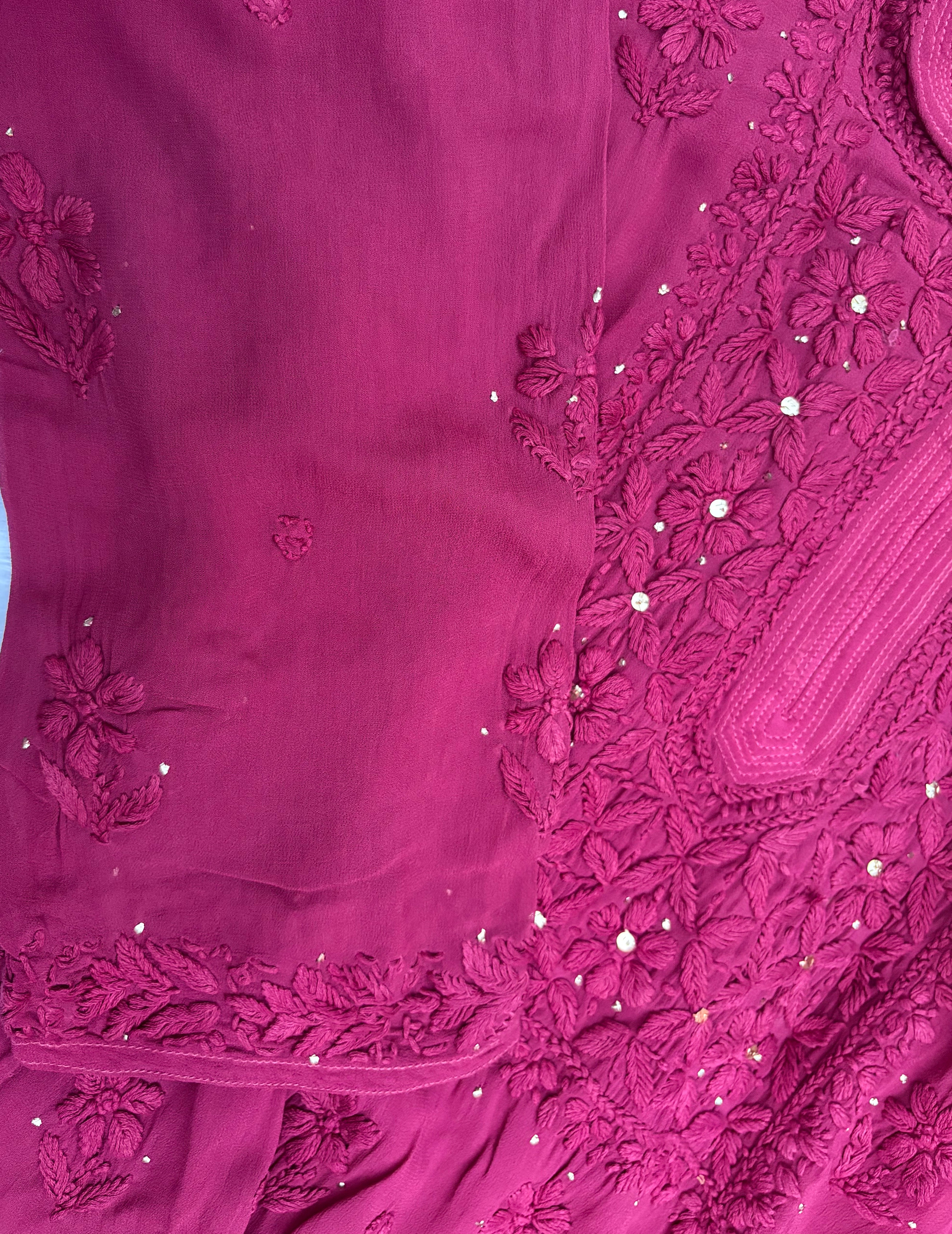 3D Viscose Georgette Mukaish Chikankari Kurta- Wine