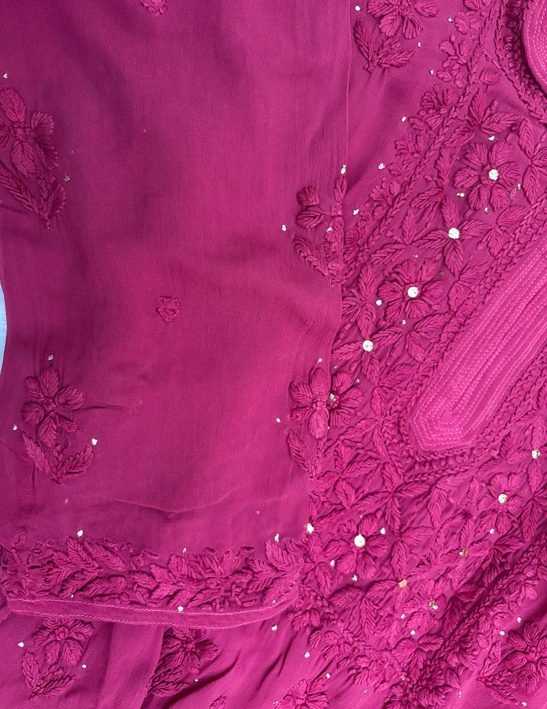 3D Viscose Georgette Mukaish Chikankari Kurta- Wine
