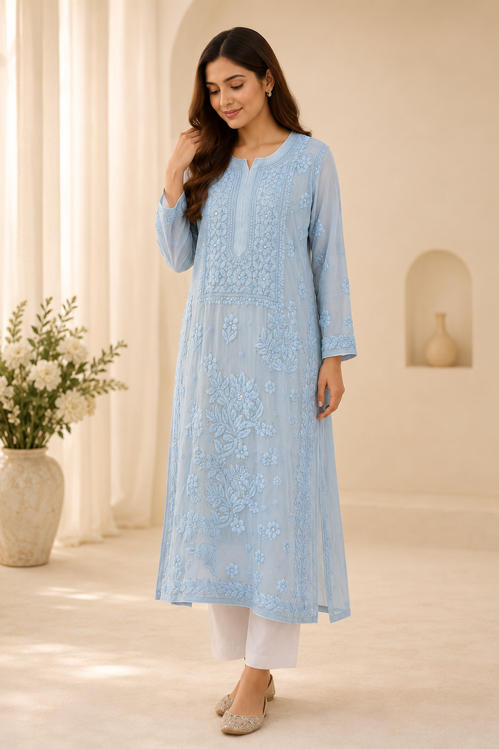 3D Viscose Georgette Mukaish Chikankari Kurta- Sky Blue
