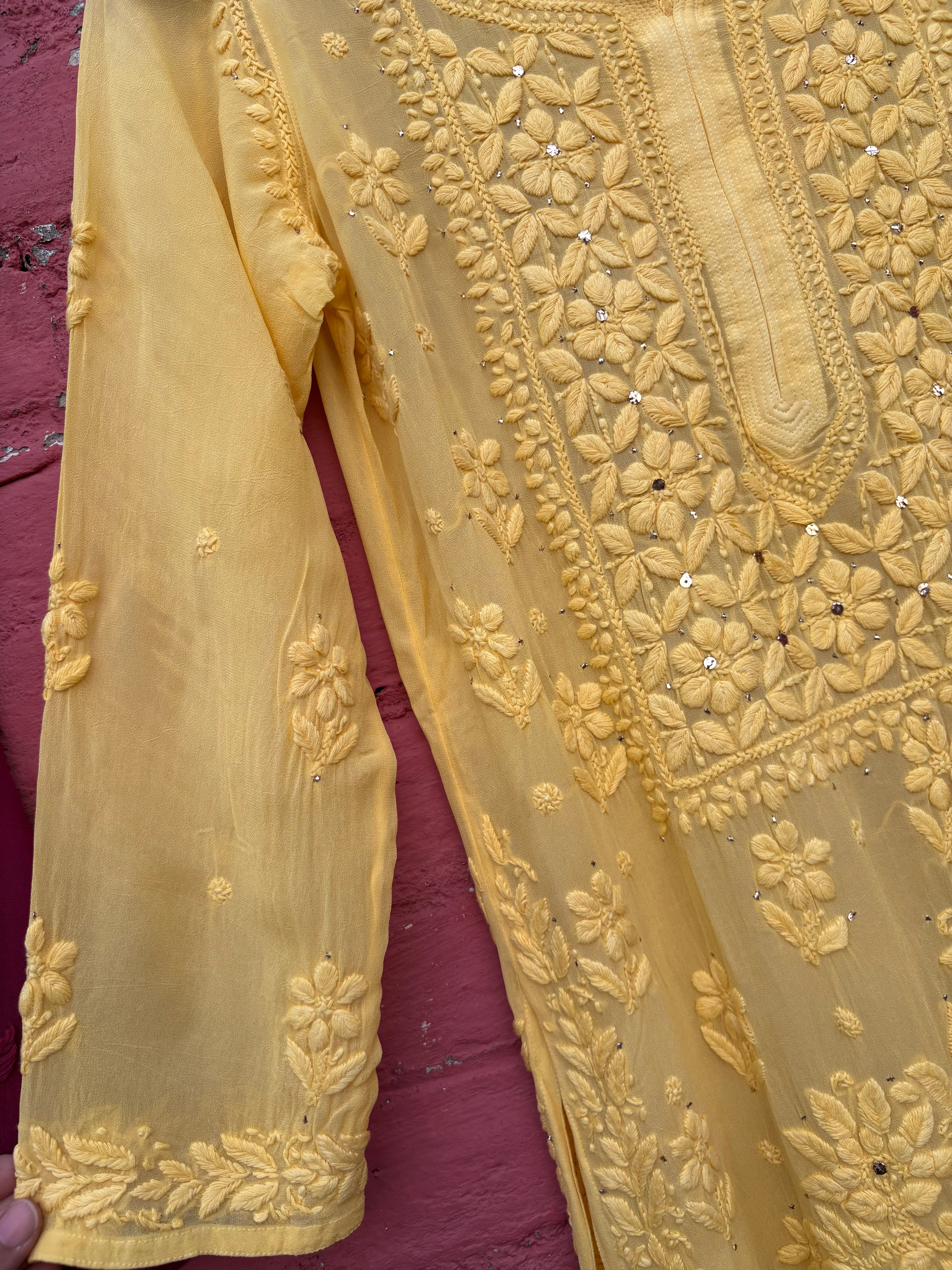 3D Viscose Georgette Mukaish Chikankari Kurta- Yellow