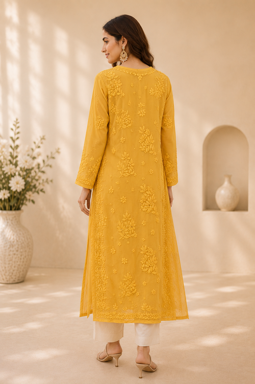 3D Viscose Georgette Mukaish Chikankari Kurta- Yellow