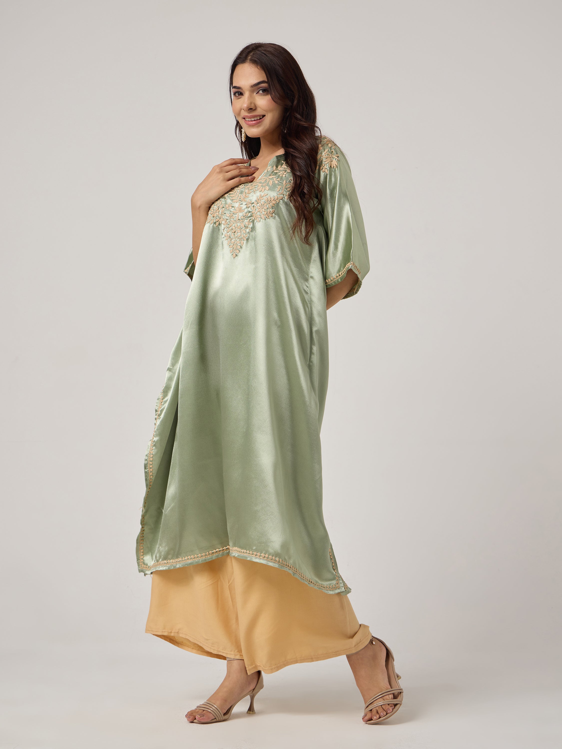Chikankari Kaaftan- SAGE GREEN