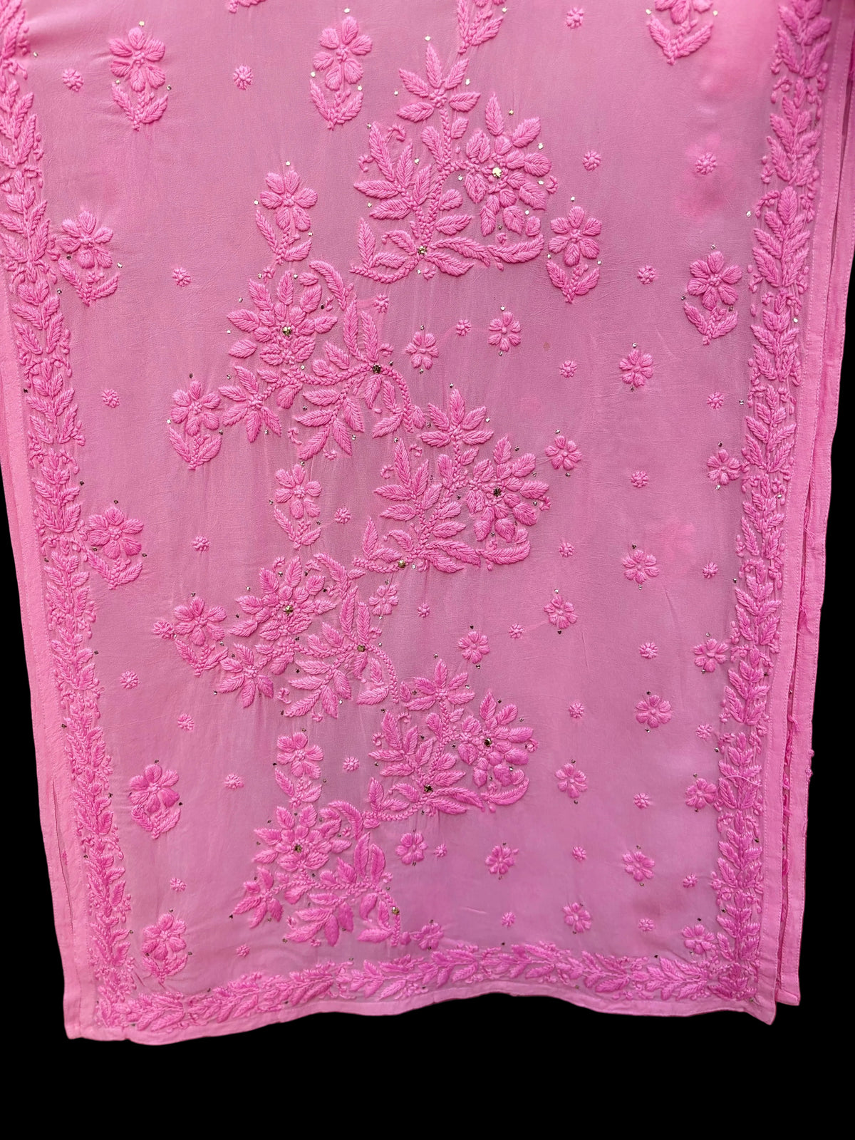 3D Viscose Georgette Mukaish Chikankari Kurta- Baby Pink