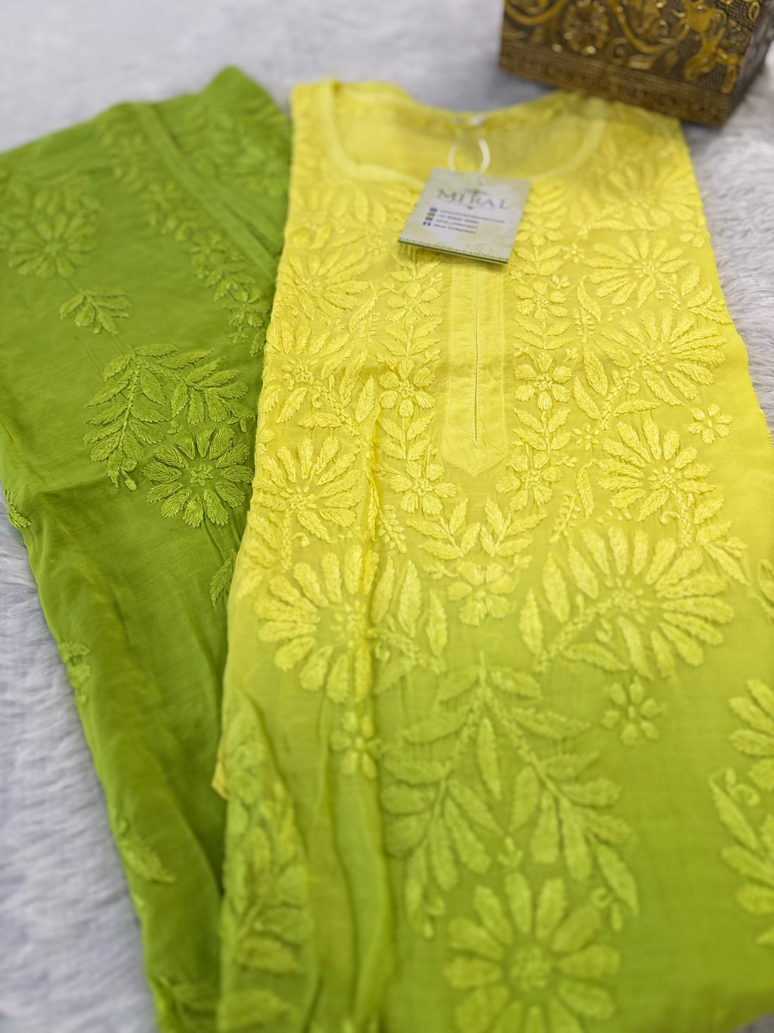 Rangreza Chikankari Suit Set- Yellow Green Ombre