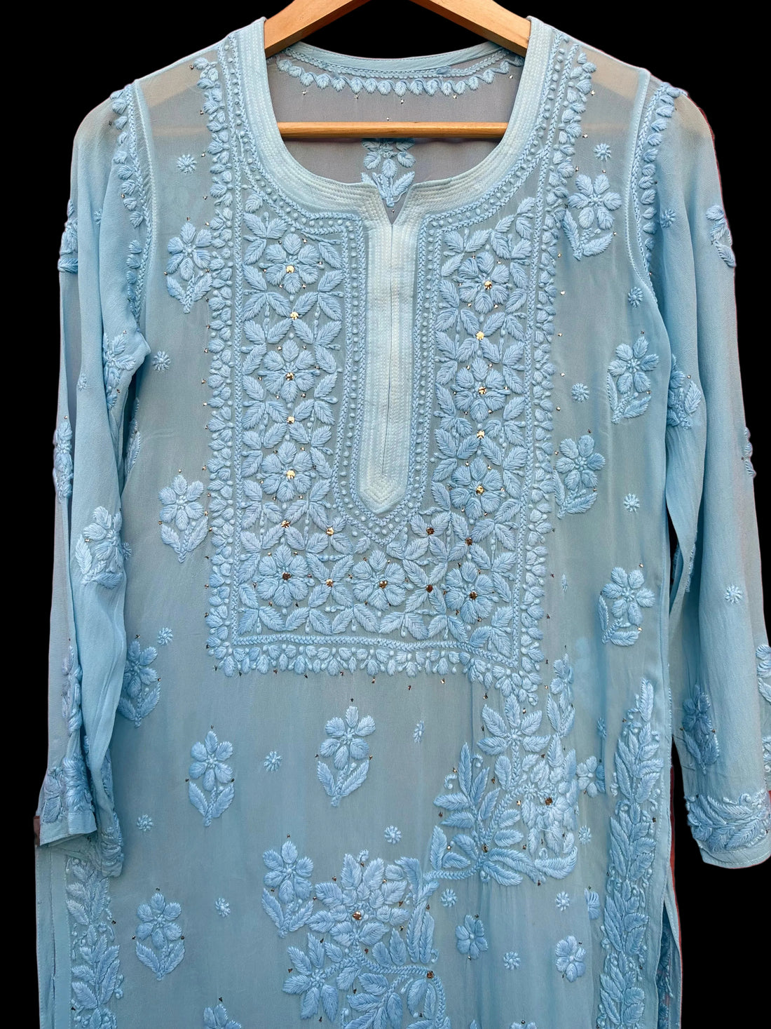 3D Viscose Georgette Mukaish Chikankari Kurta- Sky Blue