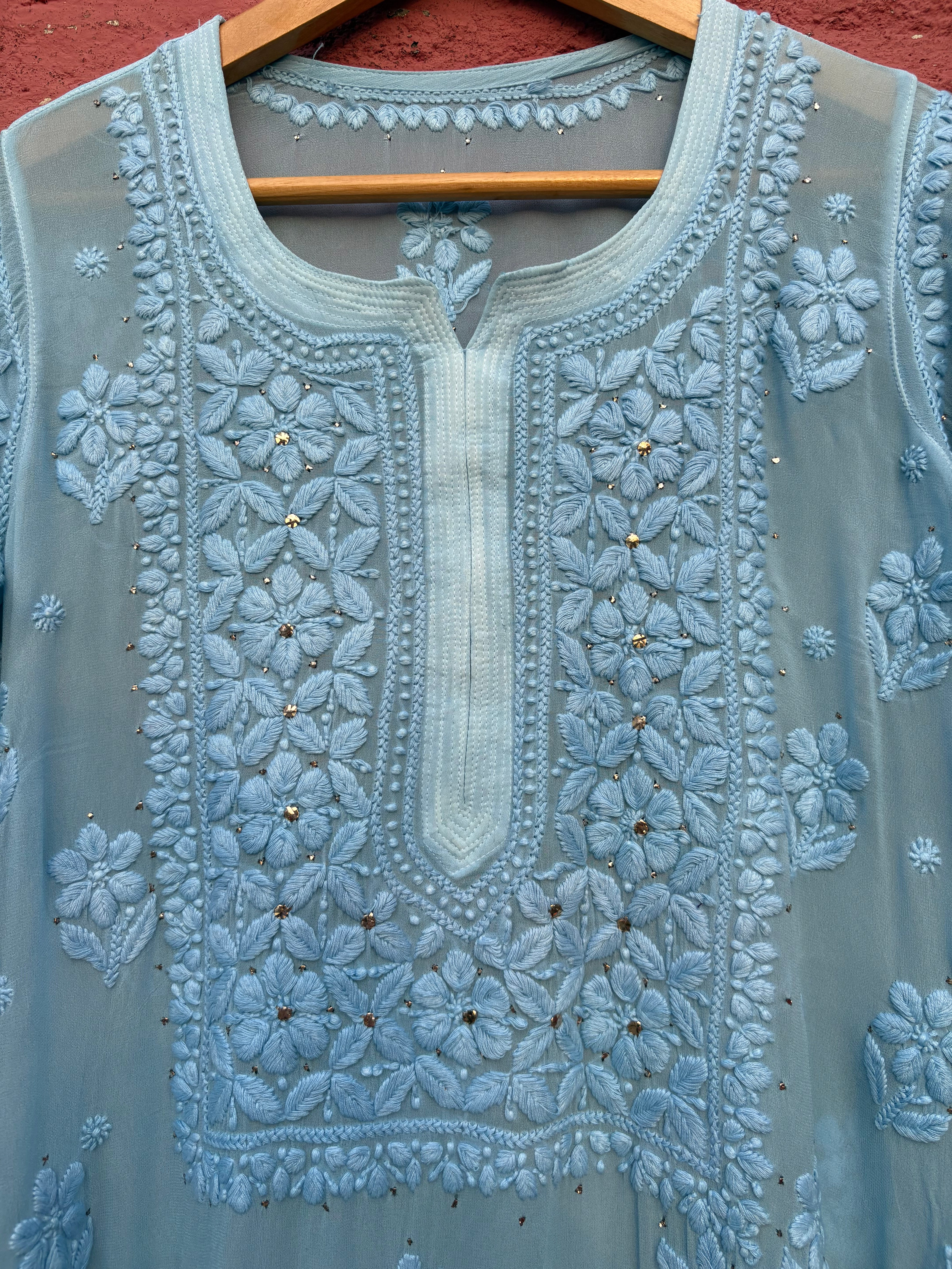 3D Viscose Georgette Mukaish Chikankari Kurta- Sky Blue