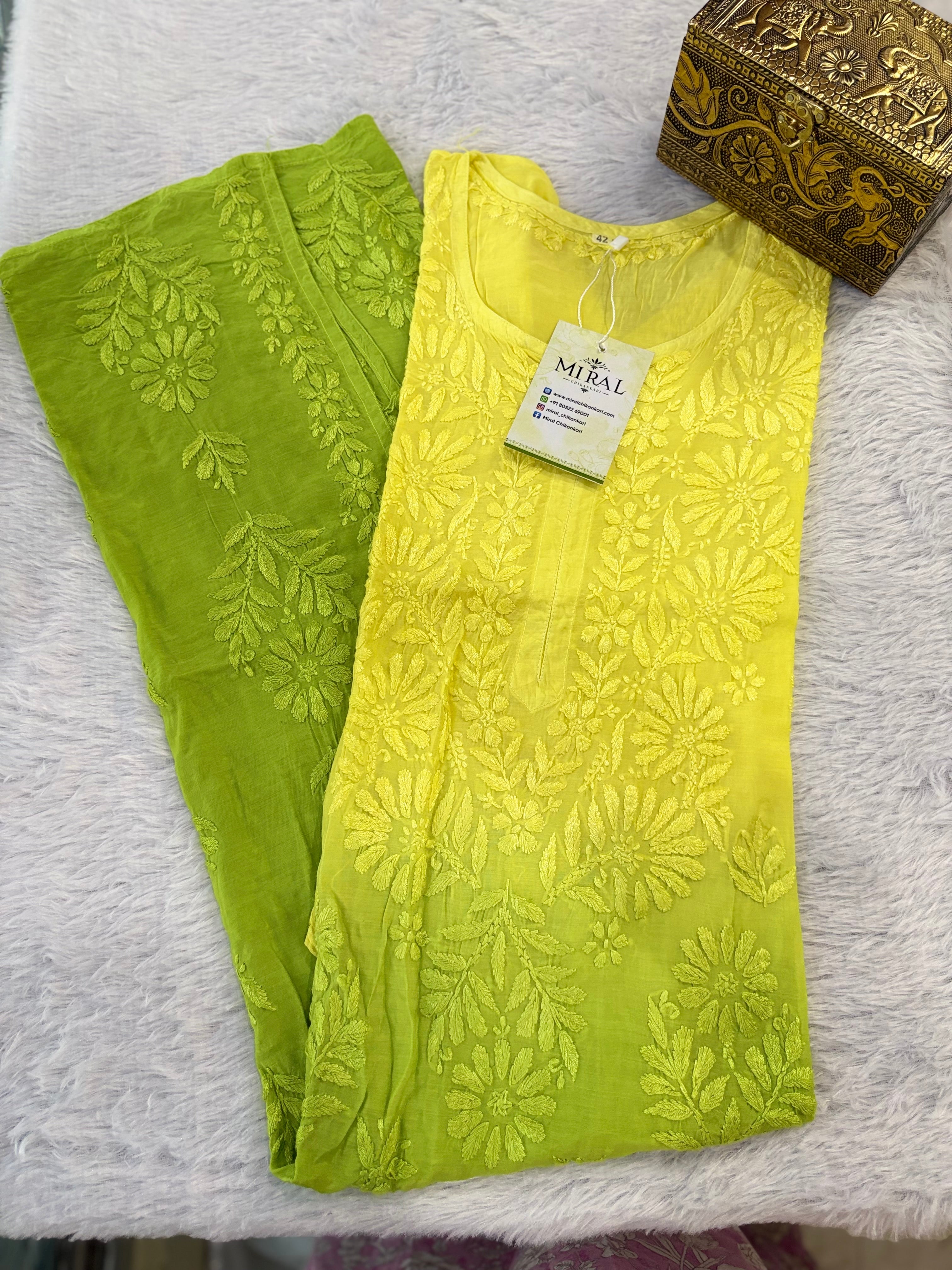 Rangreza Chikankari Suit Set- Yellow Green Ombre