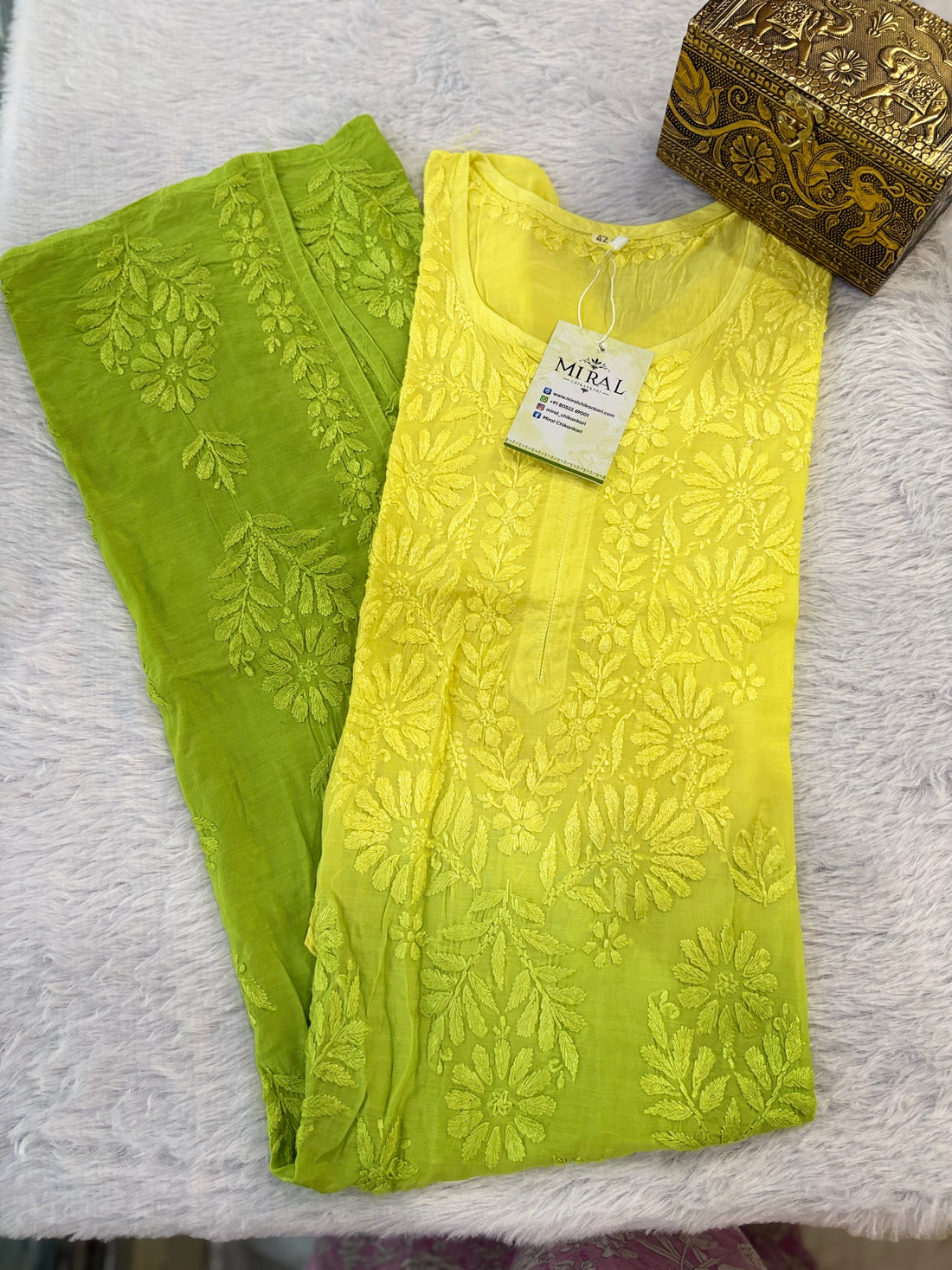 Rangreza Chikankari Suit Set- Yellow Green Ombre