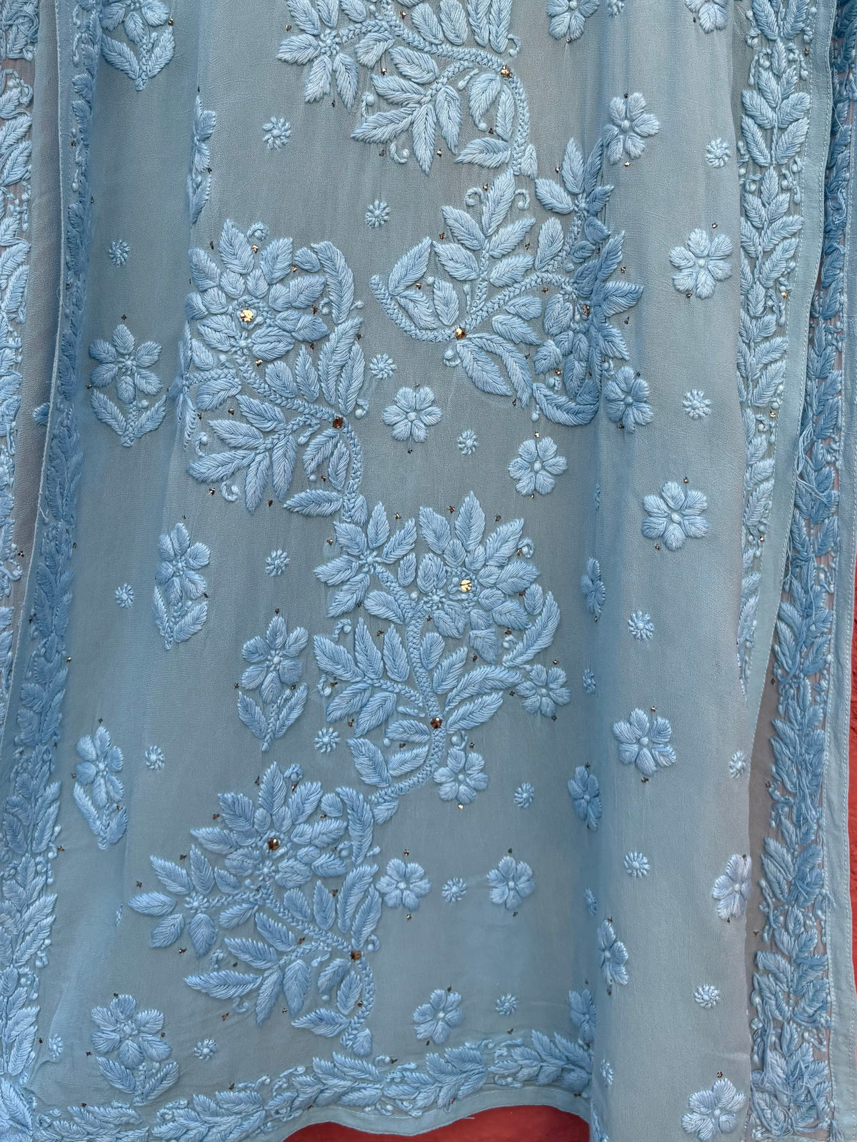 3D Viscose Georgette Mukaish Chikankari Kurta- Sky Blue