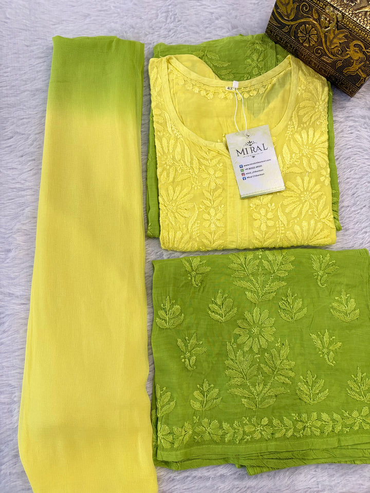 Rangreza Chikankari Suit Set- Yellow Green Ombre